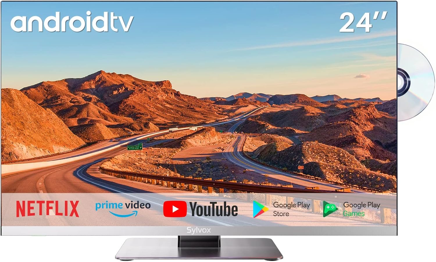 تلفزيون SYLVOX الذكي للسيارات الترفيهية، تلفزيون 24 بوصة مع مشغل DVD مدمج، تلفزيون 12 فولت للسيارات الترفيهية، دقة 1080 بكسل FHD، تطبيقات Android الذكية للتنزيل المجاني، يدعم WiFi وBluetooth، 2 HDMI و2 USB، يعمل بالتيار المتردد/المستمر، تصميم بدون إطار