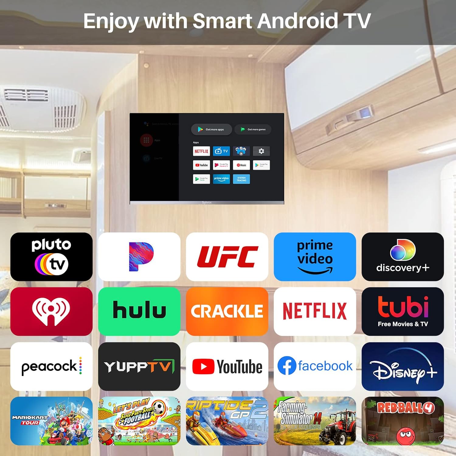 SYLVOX Smart RV TV, 24 inch TV with DVD Player Built-in, 12 Volt TV for RV Camper 1080P FHD, Android Smart Free Download APPs, Support WiFi Bluetooth, 2 HDMI  2 USB, AC/DC Powered, Frameless Design · v2