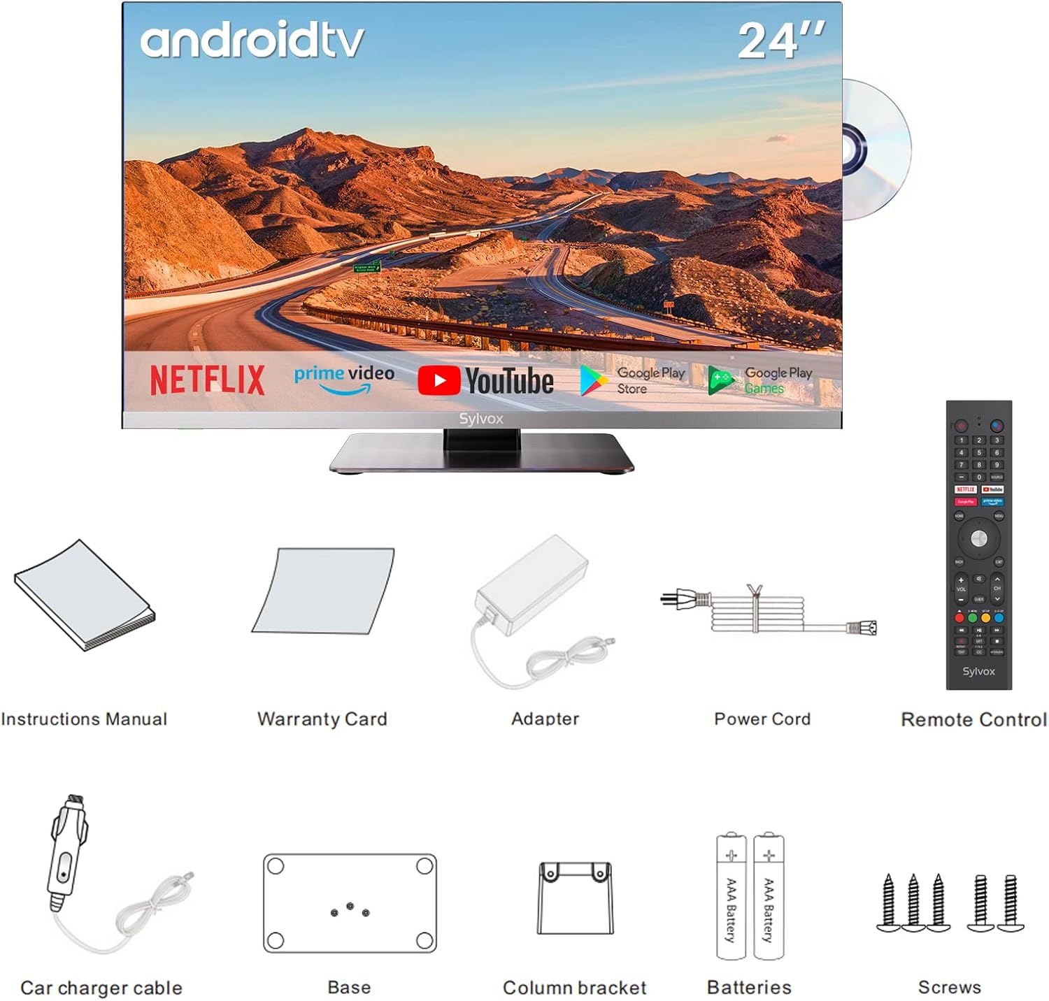 SYLVOX Smart RV TV, 24 inch TV with DVD Player Built-in, 12 Volt TV for RV Camper 1080P FHD, Android Smart Free Download APPs, Support WiFi Bluetooth, 2 HDMI  2 USB, AC/DC Powered, Frameless Design · v2