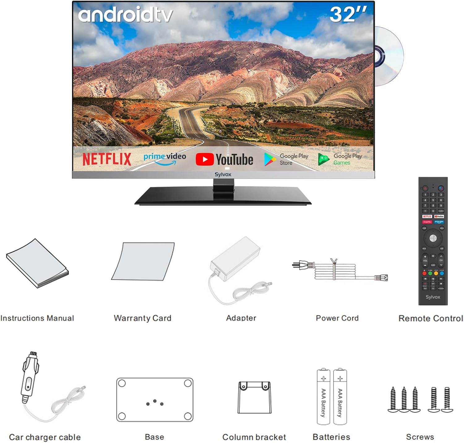 SYLVOX Smart RV TV, 32 inch TV with DVD Player Built-in, 12 Volt TV for RV Camper 1080P FHD, Android Smart Free Download APPs, Support WiFi Bluetooth, 2 HDMI 2 USB, AC/DC Powered, Frameless Design · v7