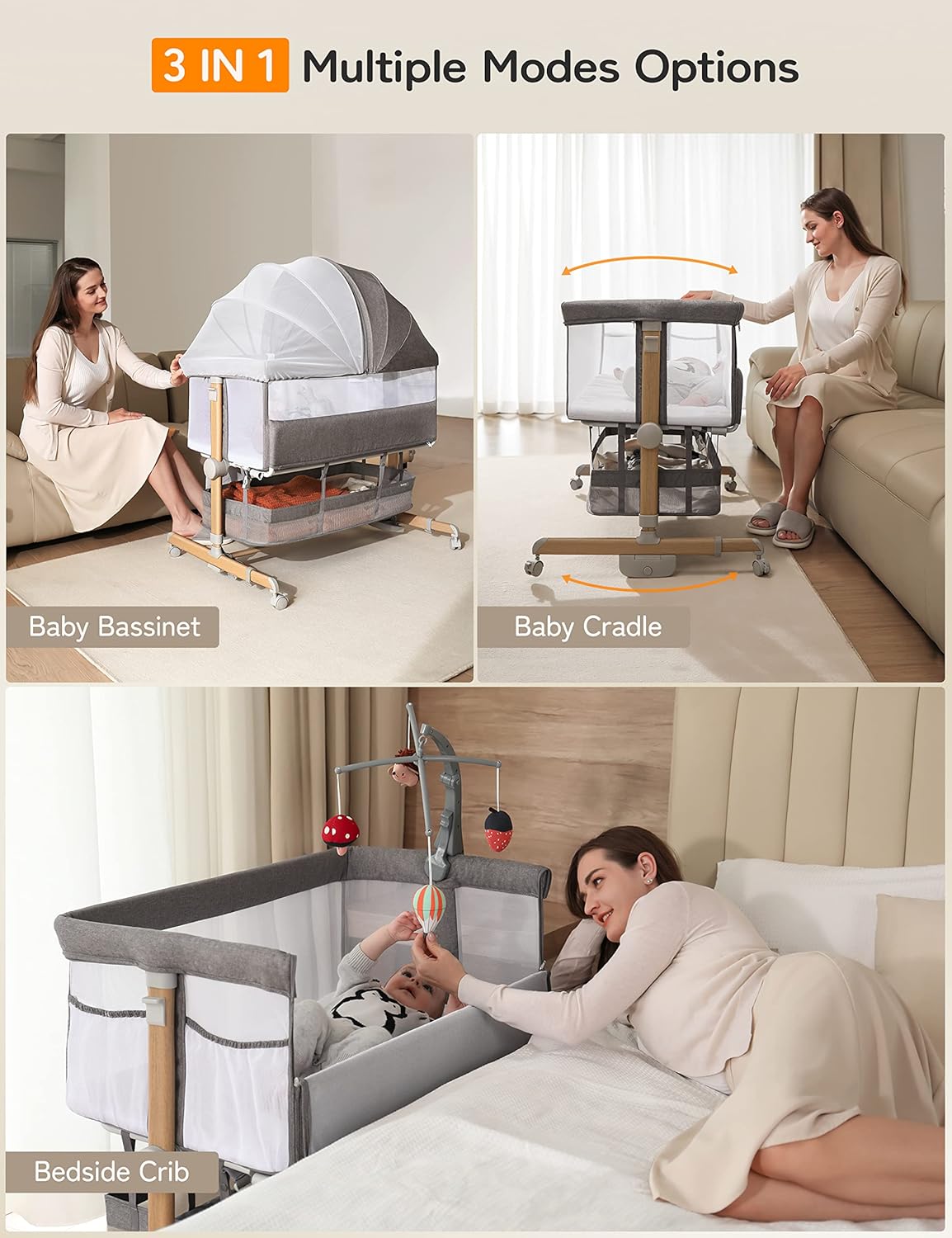 besrey 3 in 1 Baby Bassinets, Rocking Bedside Bassinet Sleeper with Mobile Toy Hanger, Baby Cradle for Newborn Infant with Larger Lockable 360° Swivel Wheels, 9 Height Positions, Storage Basket · v3