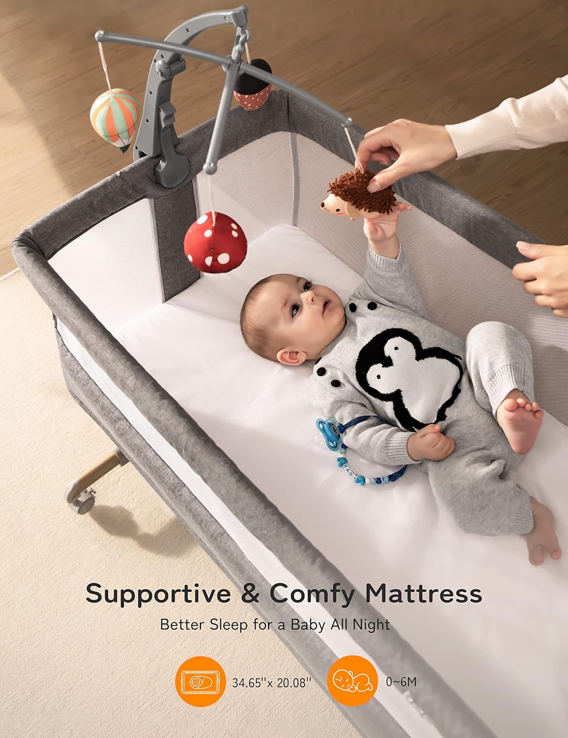 besrey 3 in 1 Baby Bassinets, Rocking Bedside Bassinet Sleeper with Mobile Toy Hanger, Baby Cradle for Newborn Infant with Larger Lockable 360° Swivel Wheels, 9 Height Positions, Storage Basket · v3
