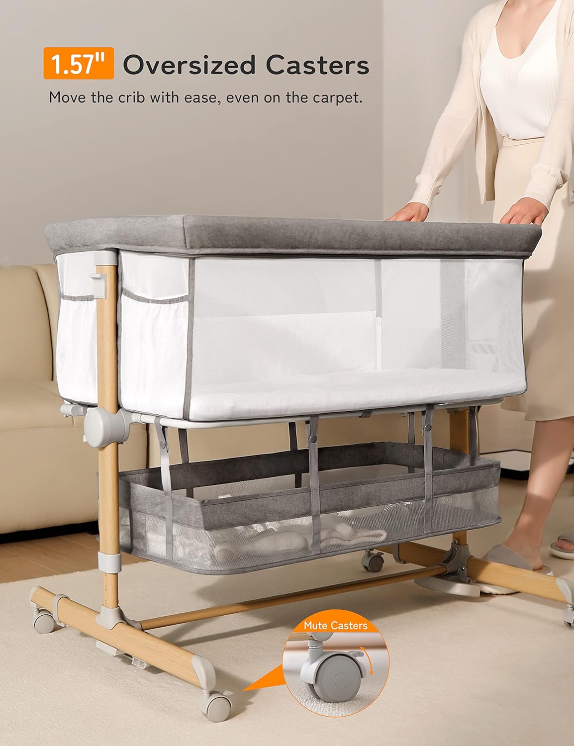 besrey 3 in 1 Baby Bassinets, Rocking Bedside Bassinet Sleeper with Mobile Toy Hanger, Baby Cradle for Newborn Infant with Larger Lockable 360° Swivel Wheels, 9 Height Positions, Storage Basket · v3