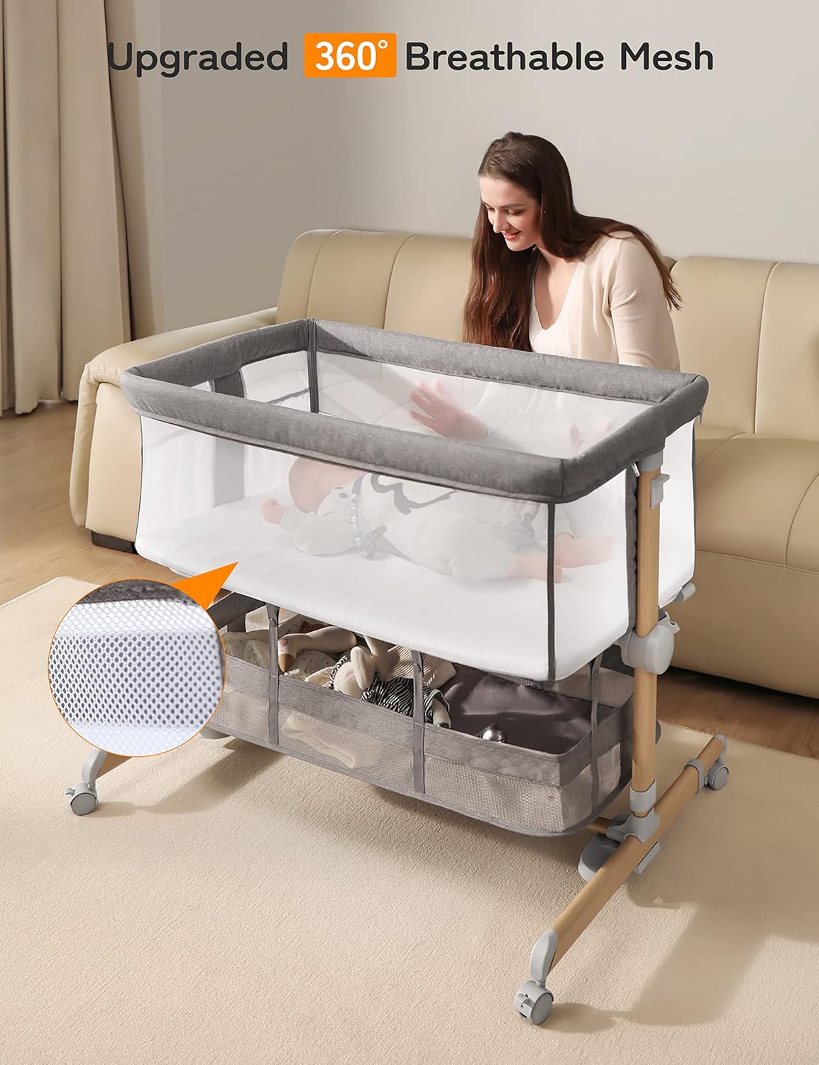 besrey 3 in 1 Baby Bassinets, Rocking Bedside Bassinet Sleeper with Mobile Toy Hanger, Baby Cradle for Newborn Infant with Larger Lockable 360° Swivel Wheels, 9 Height Positions, Storage Basket · v3