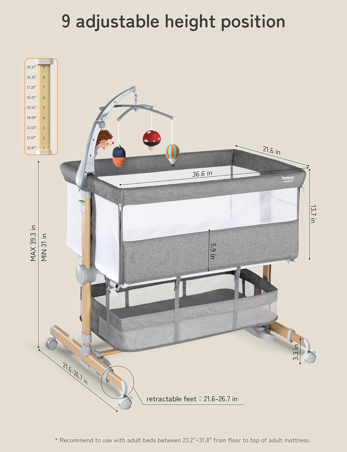 besrey 3 in 1 Baby Bassinets, Rocking Bedside Bassinet Sleeper with Mobile Toy Hanger, Baby Cradle for Newborn Infant with Larger Lockable 360° Swivel Wheels, 9 Height Positions, Storage Basket · v3