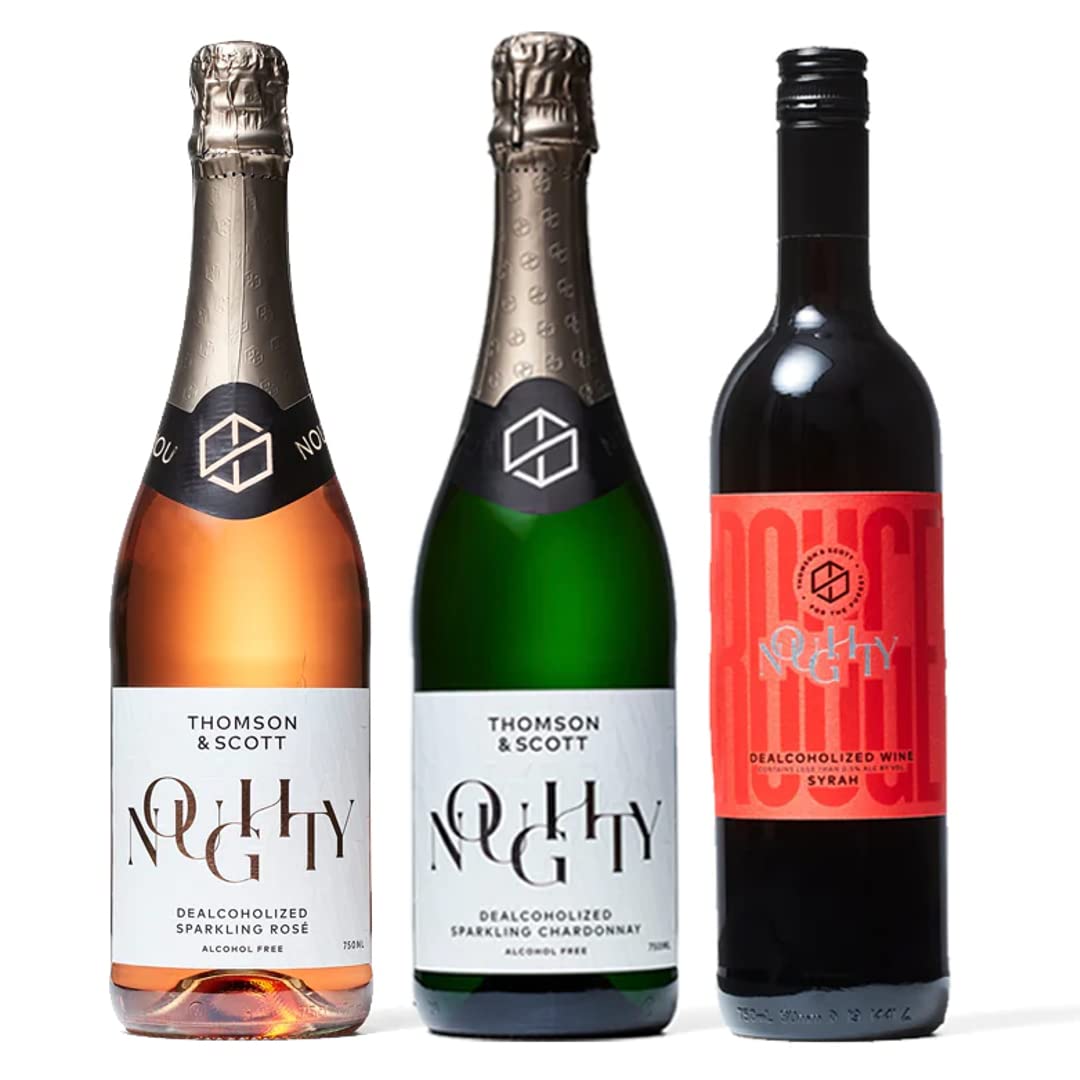 Pacchetto degustazione di vino analcolico Thomson Scott Noughty, Rouge dealcoolizzato (vino rosso), Chardonnay frizzante e Sparkling Rose, 750 ml ciascuno