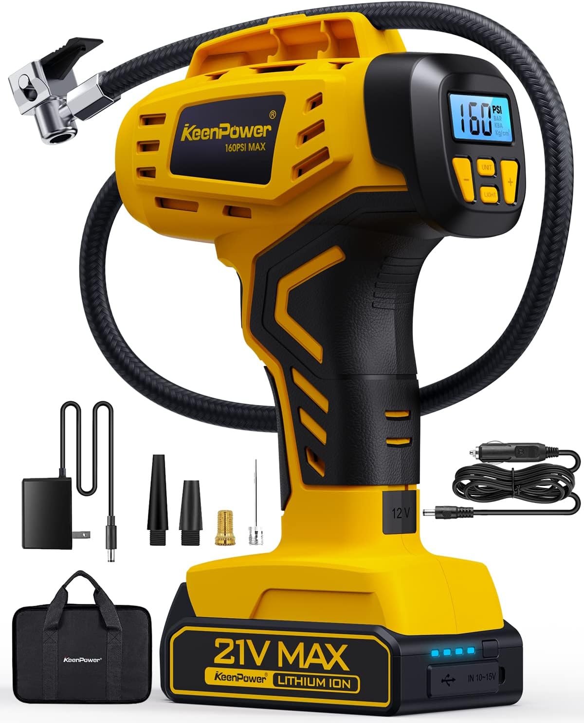Tire Inflator Portable Air Compressor - 2X Faster - 21V Rechargeable Battery Powered Handheld 160PSI Tire Inflator, Dual Power Supply Modes, Air Pump for Car Motorcycle E-Bike · v6