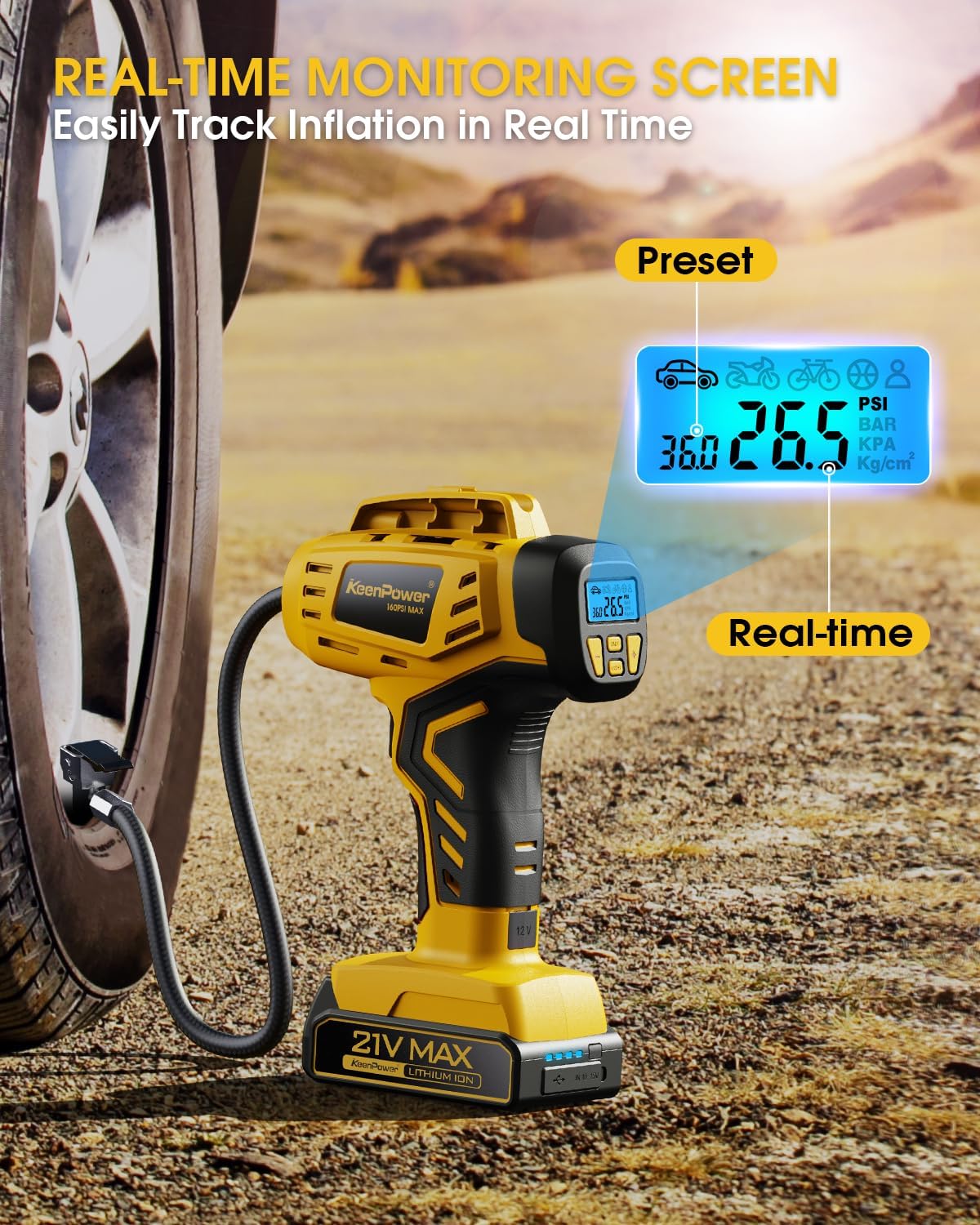Tire Inflator Portable Air Compressor - 2X Faster - 21V Rechargeable Battery Powered Handheld 160PSI Tire Inflator, Dual Power Supply Modes, Air Pump for Car Motorcycle E-Bike · v6