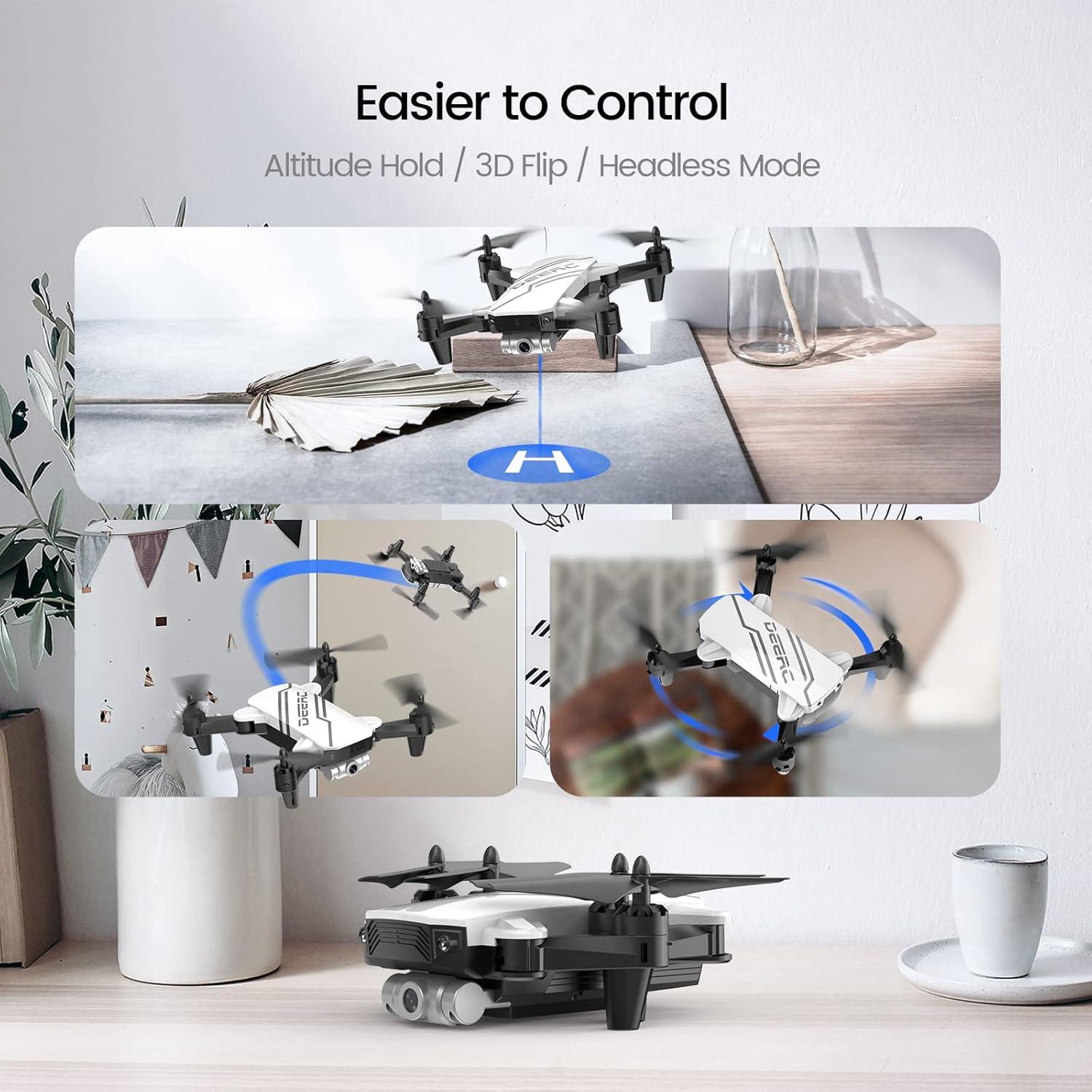 DEERC D20 Mini Drone with Camera for Kids, Remote Control Toys Gifts for Boys Girls with Voice Control, Gestures Selfie, Altitude Hold, Gravity Control, One Key Start, 3D Flips 2 Batteries, White · v4