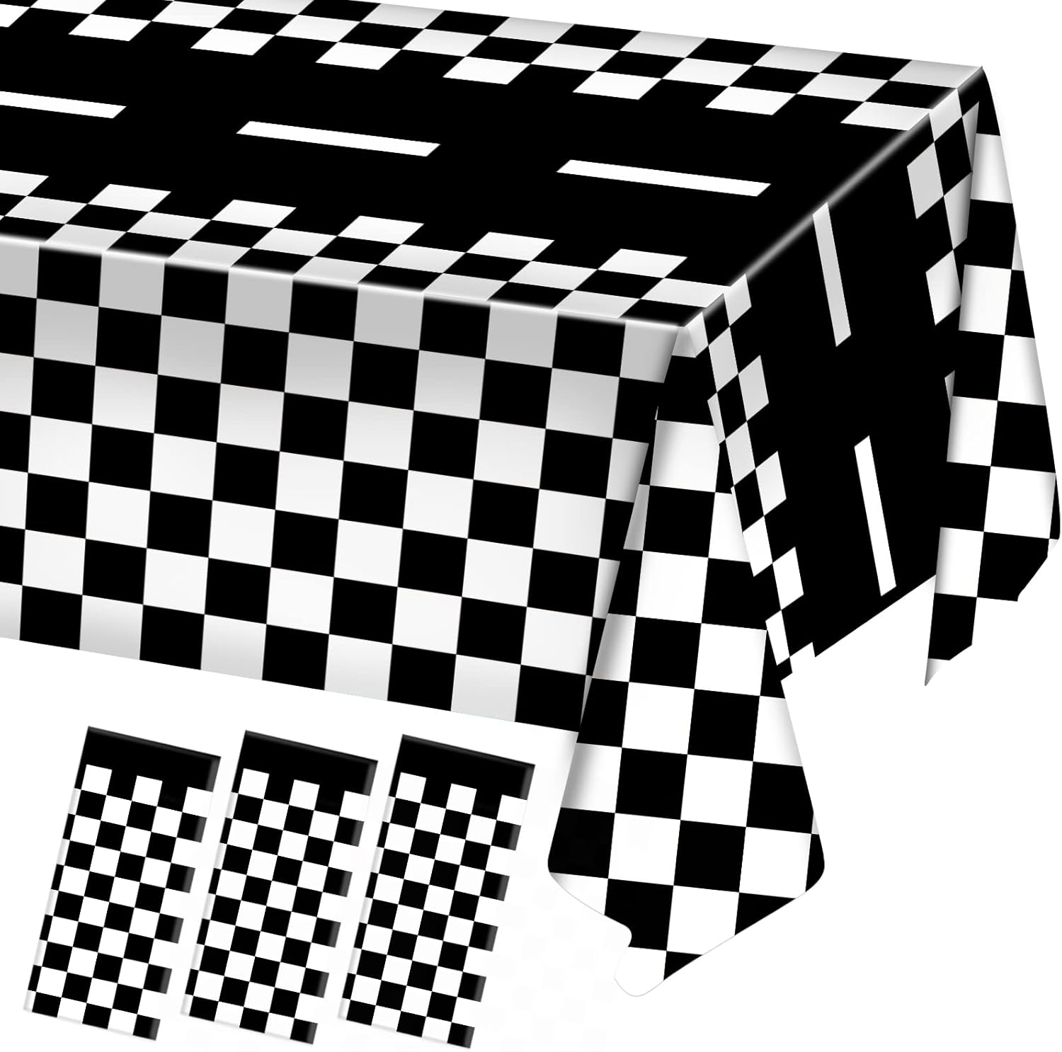 3 Packs Checkered Race Car Party Tablecloths Black and White Checkered Stripes Theme Party Touchdown Table Cover for Motor Racing Birthday Party Decorations Supplies Racing Party Favor, 54 x 108"