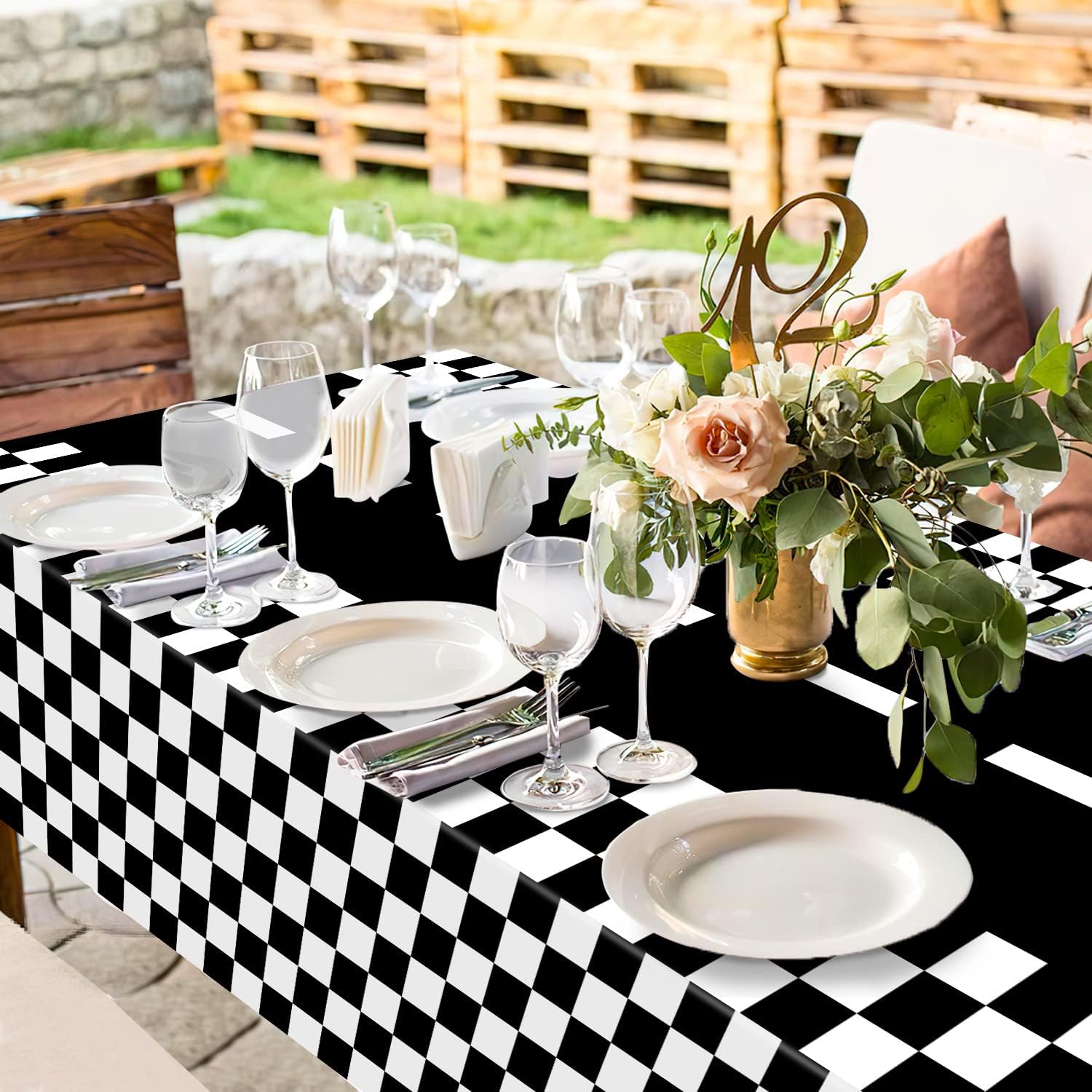 3 Packs Checkered Race Car Party Tablecloths Black and White Checkered Stripes Theme Party Touchdown Table Cover for Motor Racing Birthday Party Decorations Supplies Racing Party Favor, 54 x 108" · v3