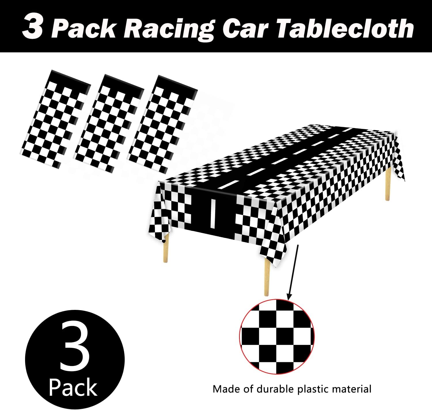 3 Packs Checkered Race Car Party Tablecloths Black and White Checkered Stripes Theme Party Touchdown Table Cover for Motor Racing Birthday Party Decorations Supplies Racing Party Favor, 54 x 108" · v3
