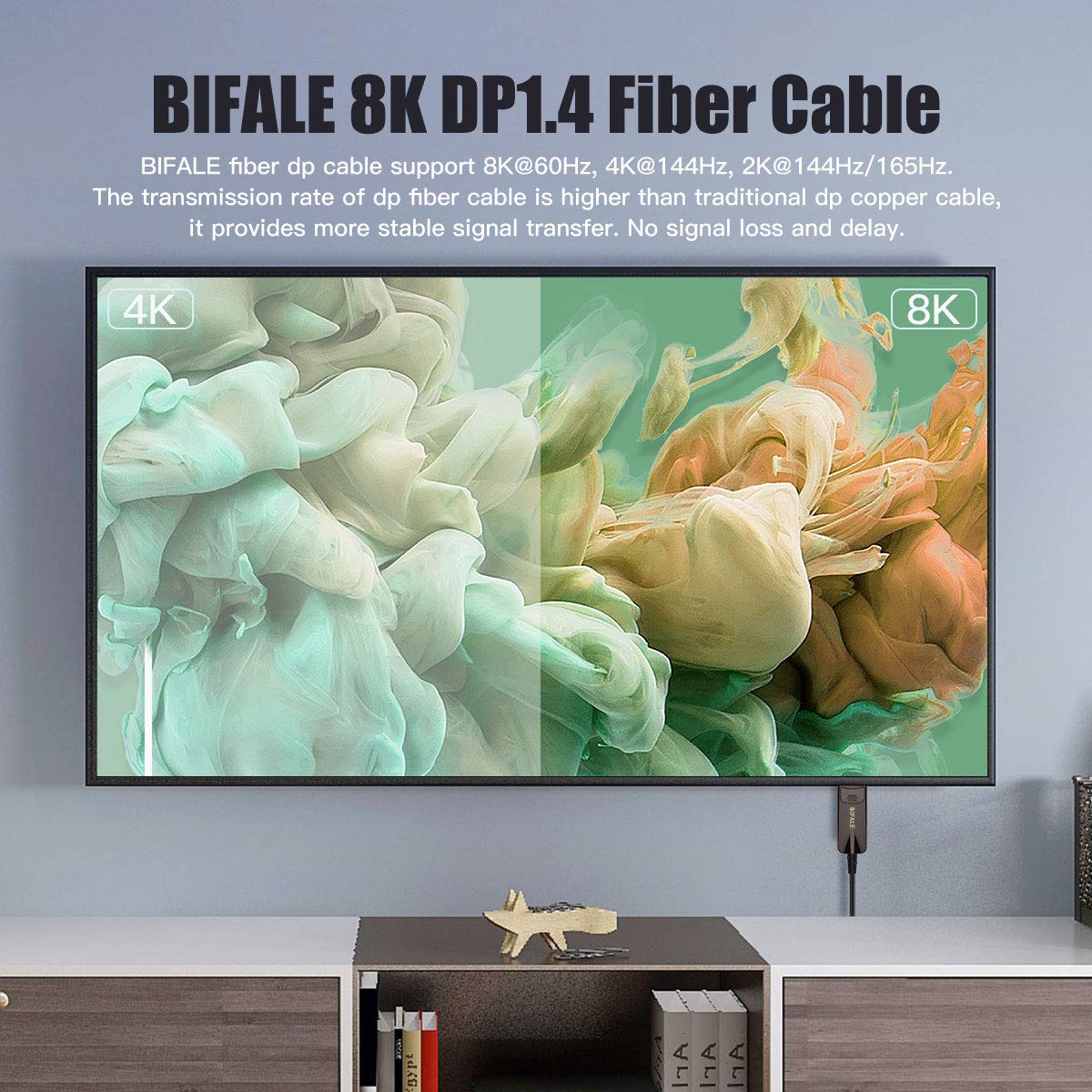BIFALE DP Fiber Optic Cable 100ft, 8K Fiber Displayport Cable Support HBR3, DSC 1.2, HDR10, 32.4Gbps, 8K@60Hz, 4K@144Hz, Thin and Slim Fiber DP1.4 Cable · v11