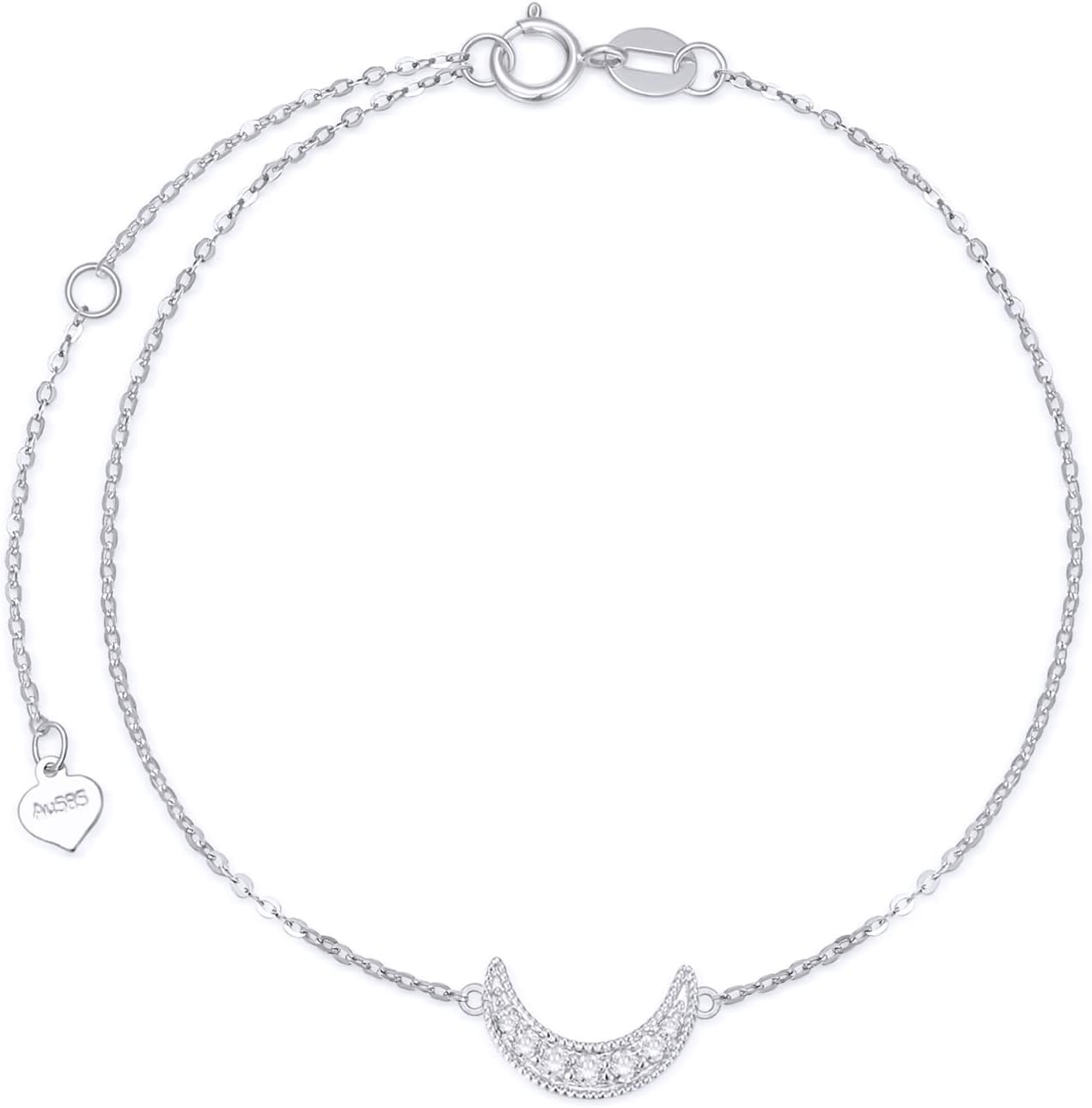 Real 14k Gold Natural Diamond Moon Bracelet for Women, 14 Karat Gold Jewelry Gifts for Her, (0.1ct, 6.8-8.4 Inch)