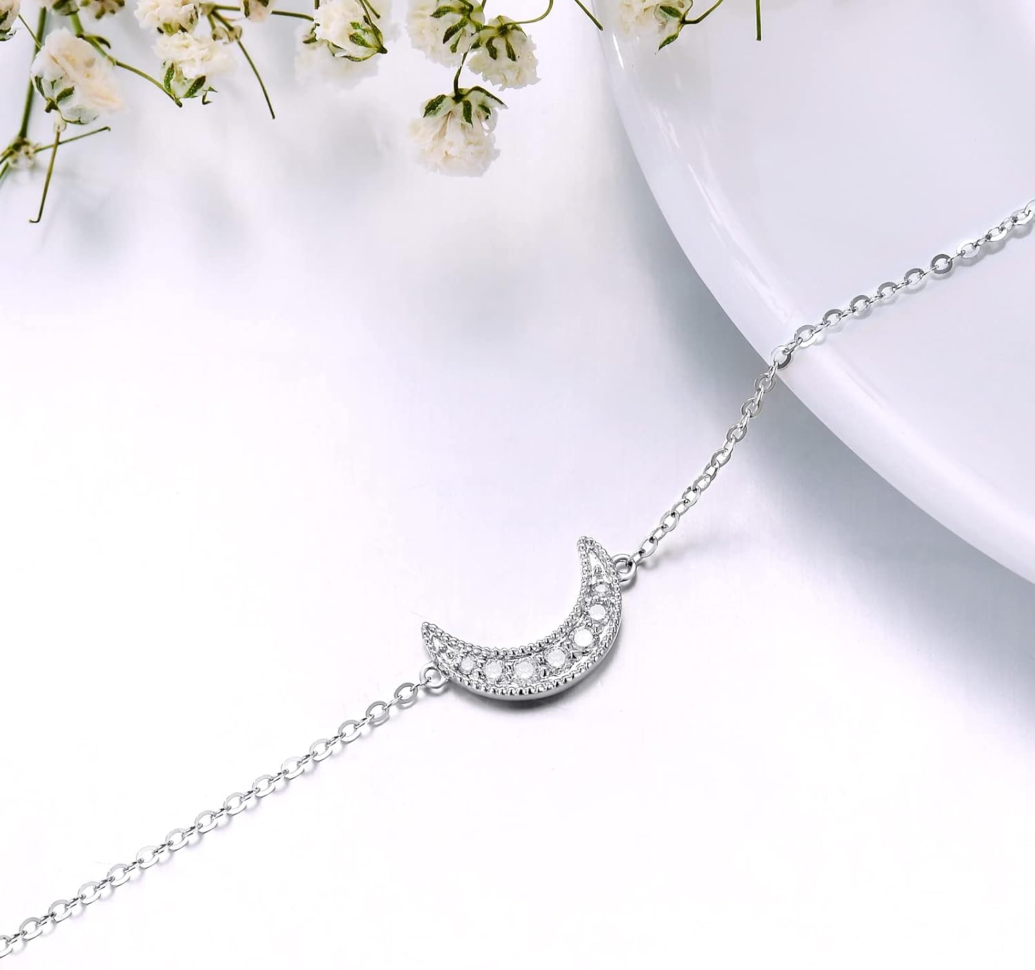 Real 14k Gold Natural Diamond Moon Bracelet for Women, 14 Karat Gold Jewelry Gifts for Her, (0.1ct, 6.8-8.4 Inch)