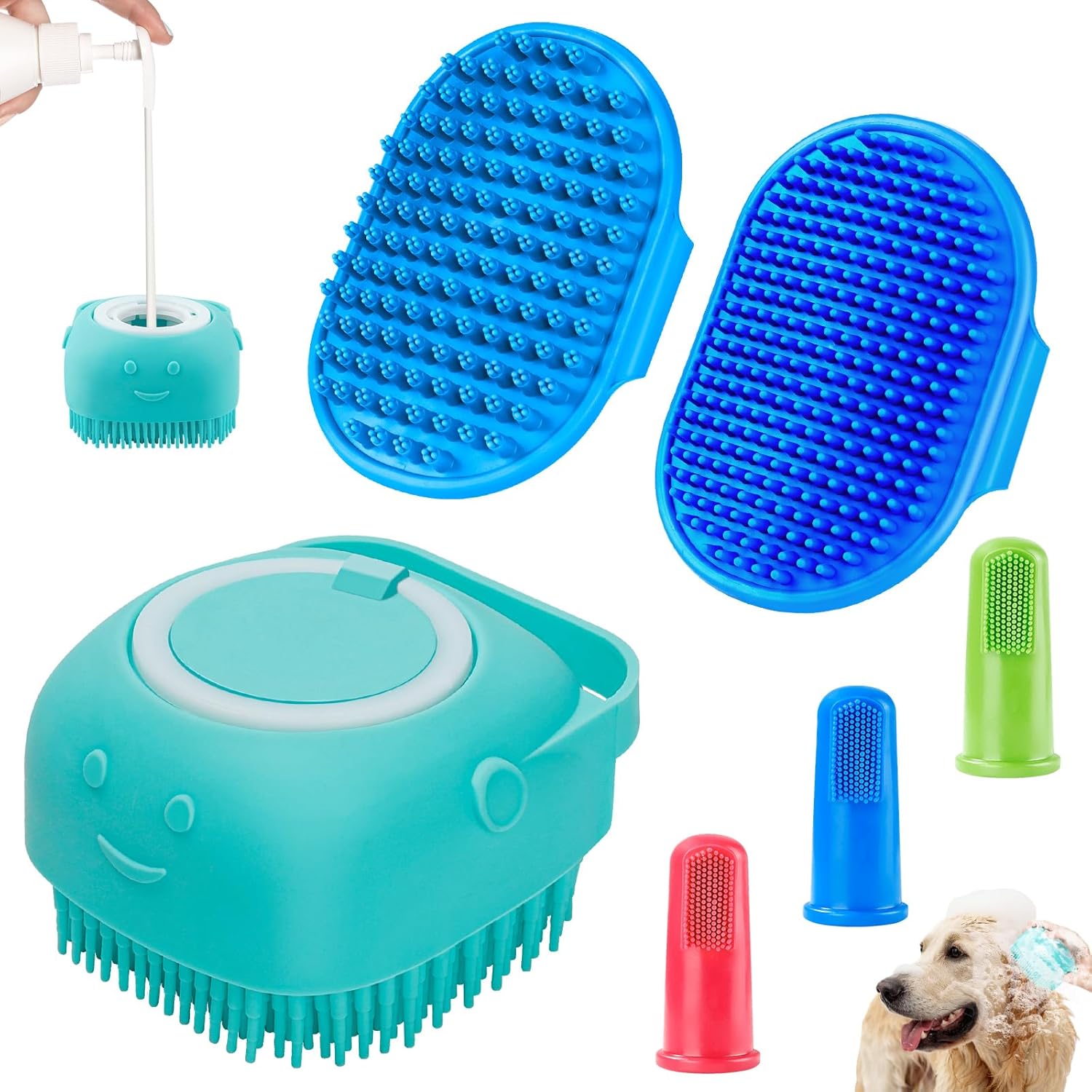 Comotech 3PCS Dog Bath Brush | Dog Shampoo Brush | Dog Scrubber for Bath | Dog Bath Brush Scrubber | Dog Shower/Washing Brush with Adjustable Ring Handle for Short  Long Hair (Blue Blue Blue)