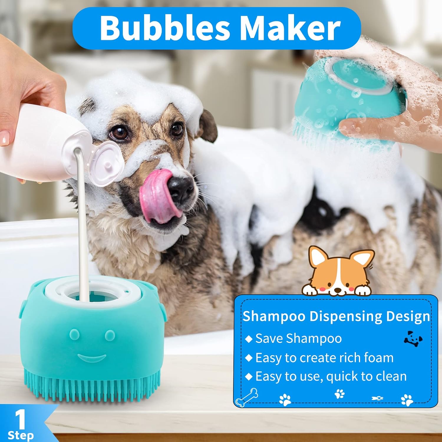 Comotech 3PCS Dog Bath Brush | Dog Shampoo Brush | Dog Scrubber for Bath | Dog Bath Brush Scrubber | Dog Shower/Washing Brush with Adjustable Ring Handle for Short Long Hair (Blue Blue Blue)