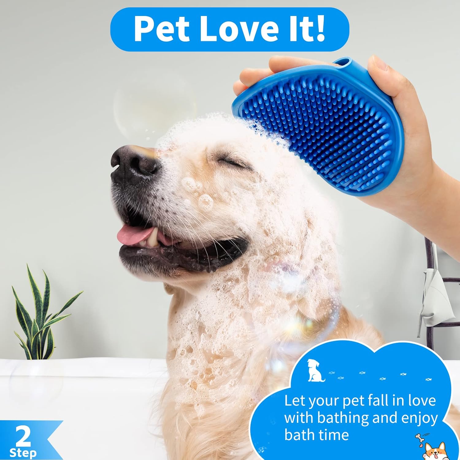 Comotech 3PCS Dog Bath Brush | Dog Shampoo Brush | Dog Scrubber for Bath | Dog Bath Brush Scrubber | Dog Shower/Washing Brush with Adjustable Ring Handle for Short Long Hair (Blue Blue Blue)