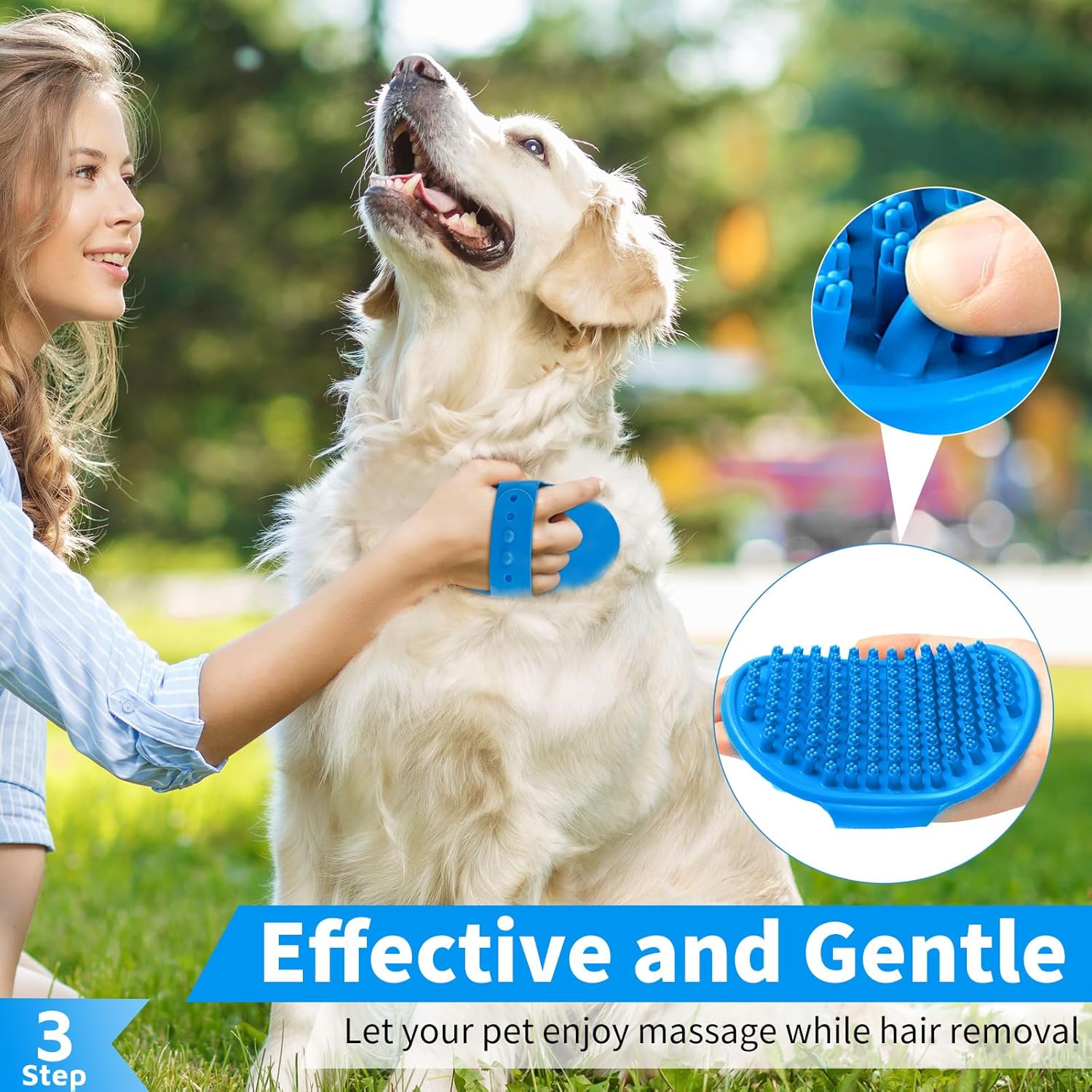 Comotech 3PCS Dog Bath Brush | Dog Shampoo Brush | Dog Scrubber for Bath | Dog Bath Brush Scrubber | Dog Shower/Washing Brush with Adjustable Ring Handle for Short Long Hair (Blue Blue Blue)