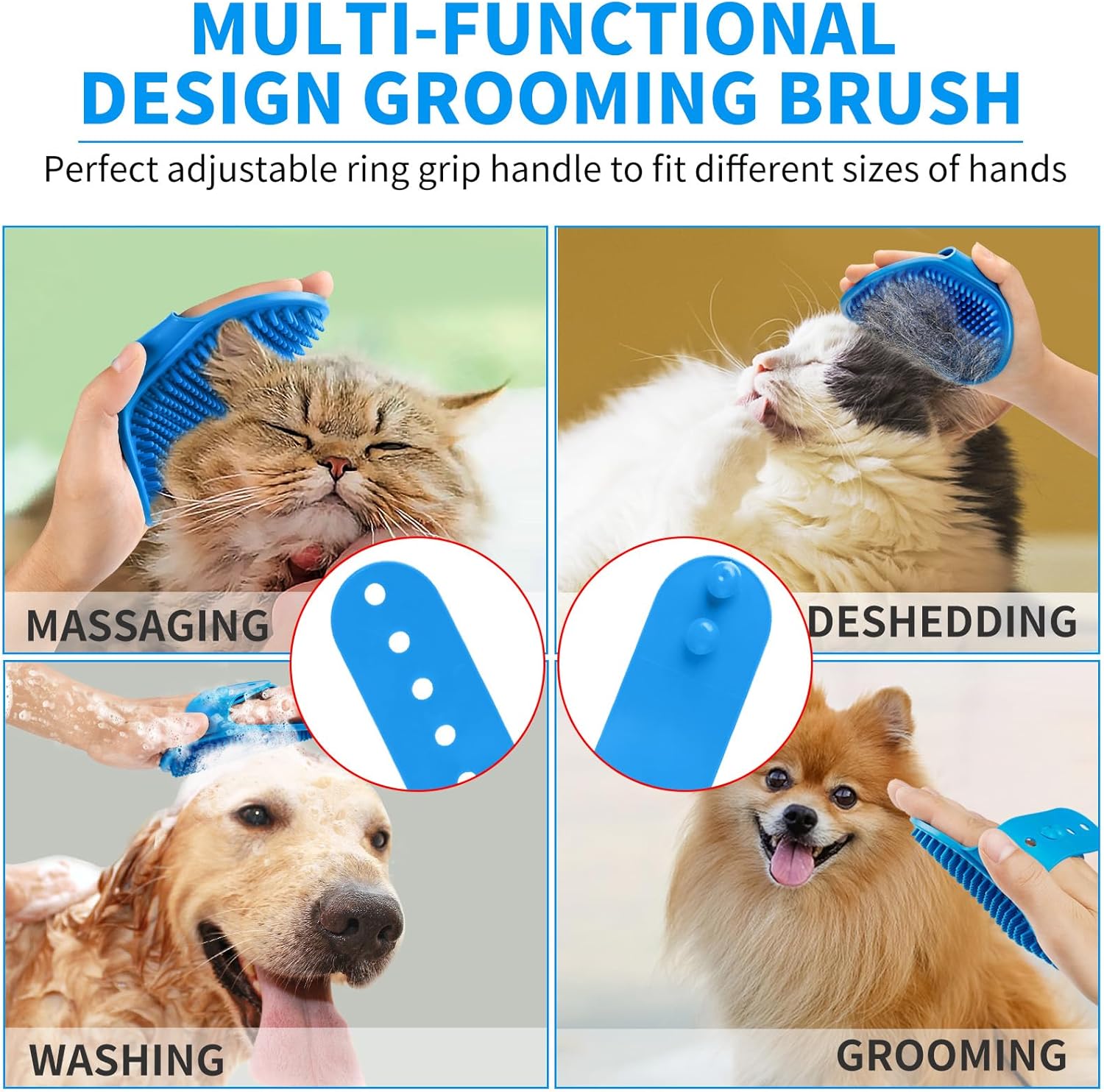 Comotech 3PCS Dog Bath Brush | Dog Shampoo Brush | Dog Scrubber for Bath | Dog Bath Brush Scrubber | Dog Shower/Washing Brush with Adjustable Ring Handle for Short Long Hair (Blue Blue Blue)