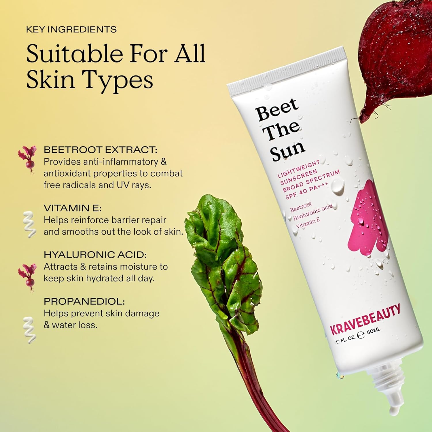 KraveBeauty Beet The Sun SPF 40 PA Breitspektrum-Sonnenschutz, täglich, nicht fettender chemischer Lichtschutzfaktor, kein weißer Schimmer oder Fellbildung, für alle Hauttypen, vegan, ohne Tierversuche, 1,7 fl oz