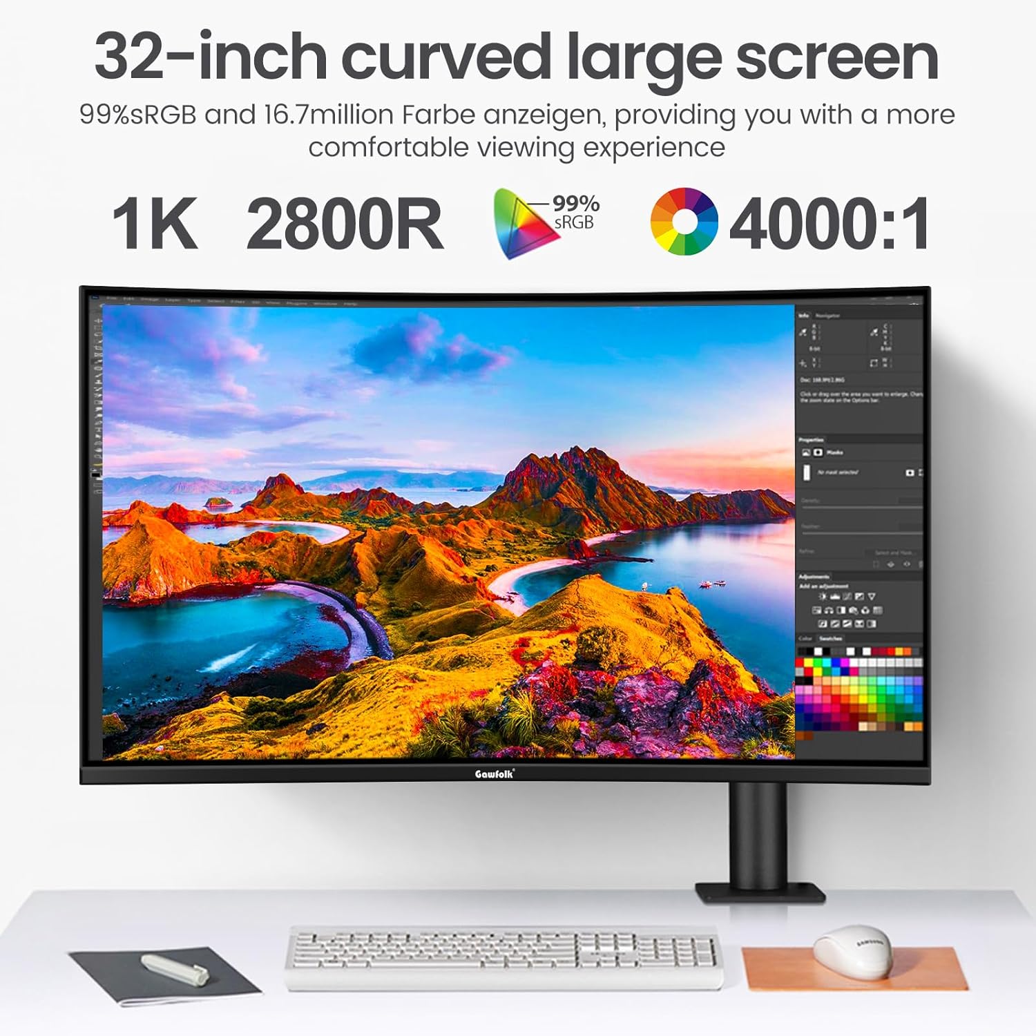 32-inch computerscherm, ultradun frame zonder frame, 75 Hz Full HD-scherm van 1920 x 1080p, gebogen scherm, HDMI/VGA, PC-monitor voor thuiskantoren en bedrijven
