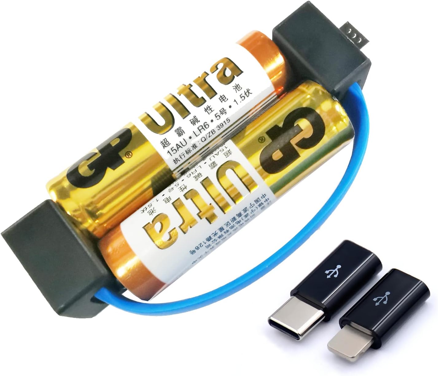 Le mini-chargeur pour smartphone utilise des piles AA/AAA, alimentation de secours portable avec micro USB compatible pour Lightning et adaptateur USB-C pour téléphones portables et appareils (bleu)