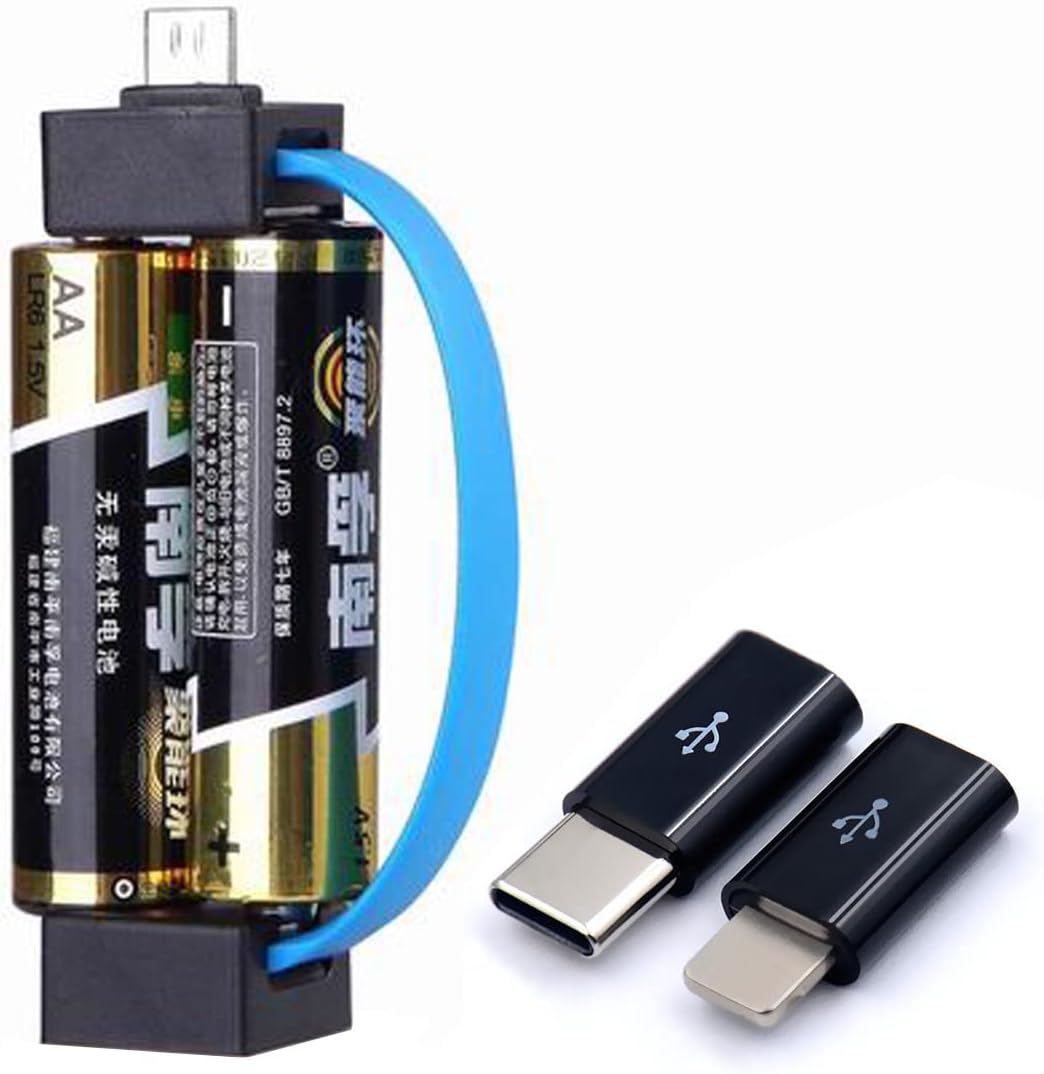 Le mini-chargeur pour smartphone utilise des piles AA/AAA, alimentation de secours portable avec micro USB compatible pour Lightning et adaptateur USB-C pour téléphones portables et appareils (bleu)