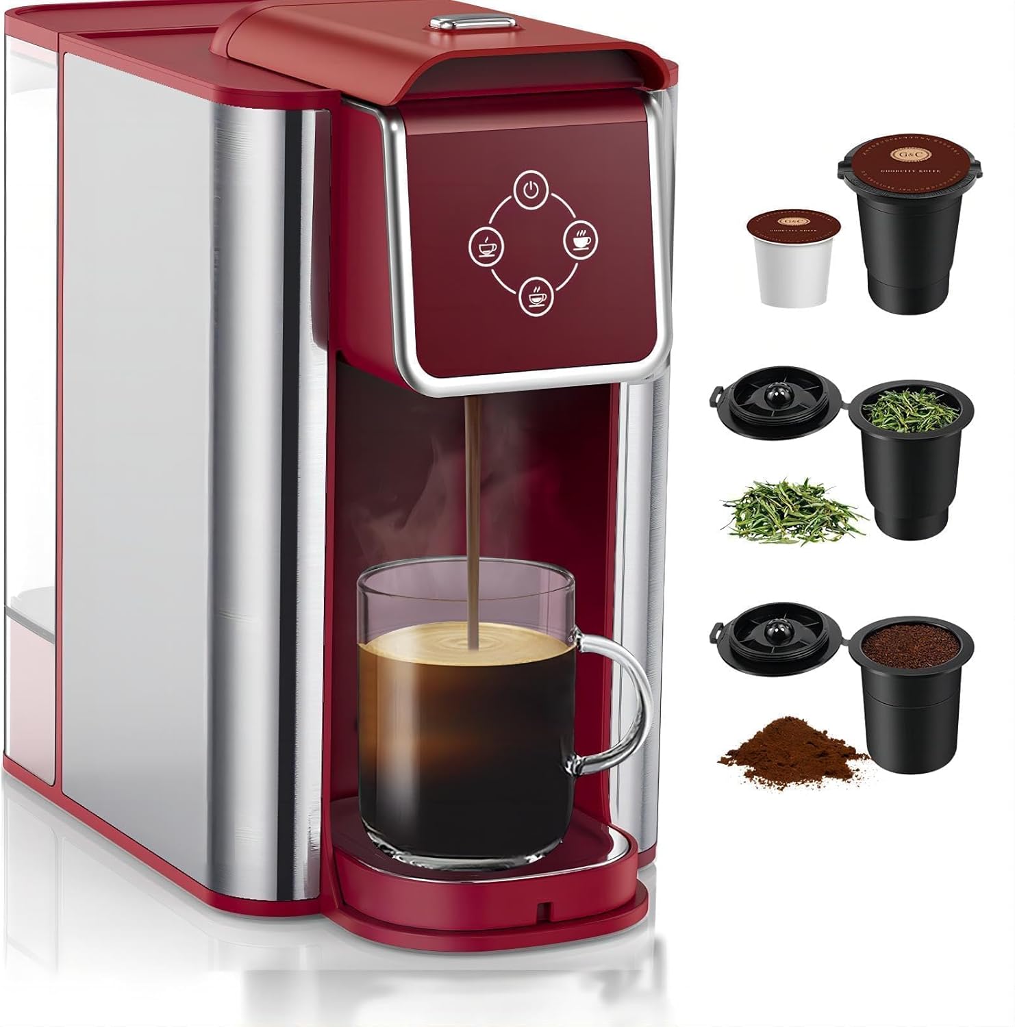 Cafetera SIFENE de una sola porción, cafetera en cápsulas 3 en 1 para cápsulas K-Pod, café molido y té en hojas con tamaño de taza de 6 a 10 oz, depósito de agua extraíble de 50 oz, roja