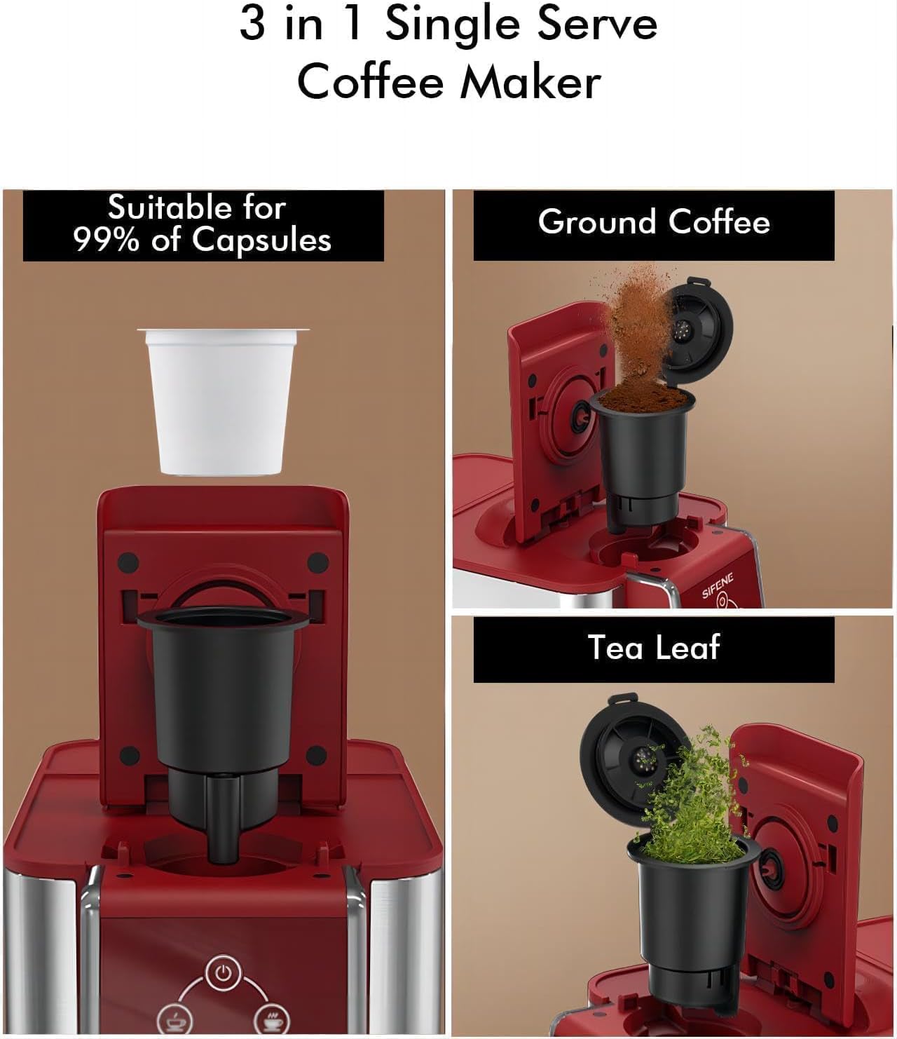 เครื่องชงกาแฟ SIFENE แบบเสิร์ฟครั้งเดียว เครื่องชงกาแฟแบบแคปซูล 3-in-1 สำหรับแคปซูล K-Pod กาแฟบด และชาใบ พร้อมขนาดแก้ว 6-10 ออนซ์ พร้อมอ่างเก็บน้ำแบบถอดได้ 50 ออนซ์ สีแดง
