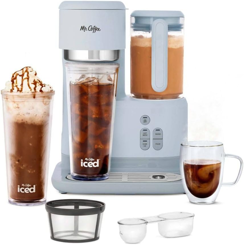 Mr. Coffee 3-in-1 Single-Serve Frappe, Iced  Hot Coffee Maker amp; Blender w/Reusable Filter, Scoop, Recipe Book, 2 Tumblers, Lids and Straws (Gray)