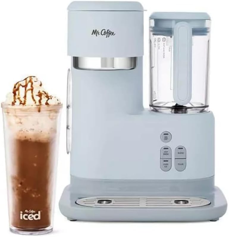 Mr. Coffee Frappe z pojedynczą porcją 3 w 1, wzmacniacz do mrożonej gorącej kawy; Blender z filtrem wielokrotnego użytku, miarką, książką z przepisami, 2 kubkami, pokrywkami i słomkami (szary)