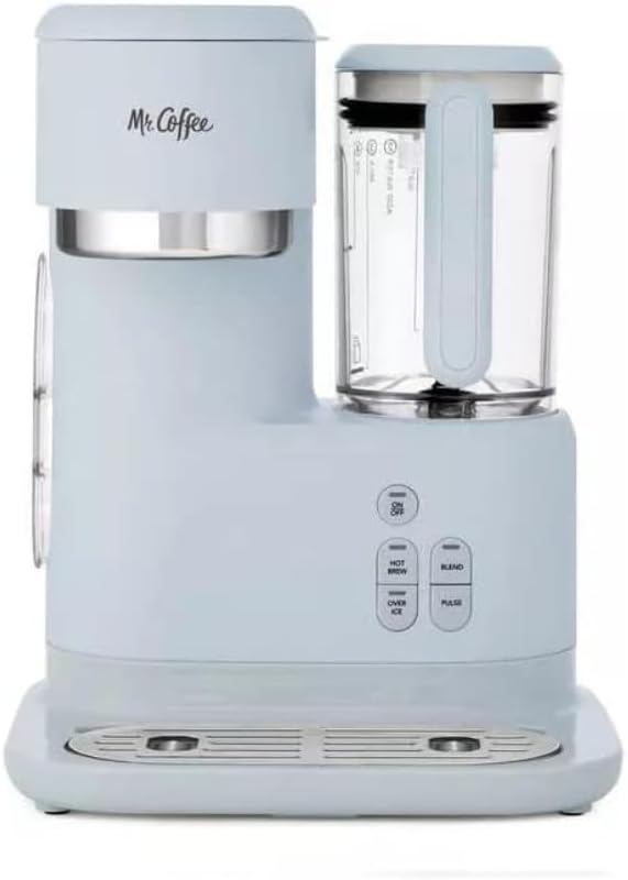 Mr. Coffee Frappe z pojedynczą porcją 3 w 1, wzmacniacz do mrożonej gorącej kawy; Blender z filtrem wielokrotnego użytku, miarką, książką z przepisami, 2 kubkami, pokrywkami i słomkami (szary)