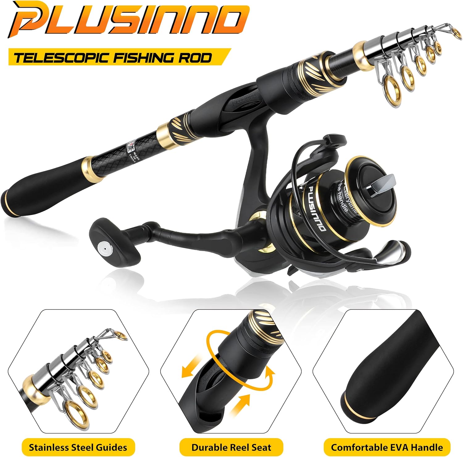 Canna da pesca PLUSINNO, combinazione canna da pesca e mulinello, kit canna da pesca telescopica con mulinello rotante, canna da pesca portatile pieghevole con borsa da trasporto per pesca in acqua dolce Regali per uomini e donne