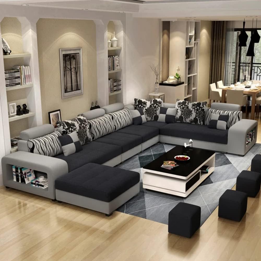 Luxury USB charging 7 Seater modern European fabric Dark grey 360 * 240 * 176 cm · v2