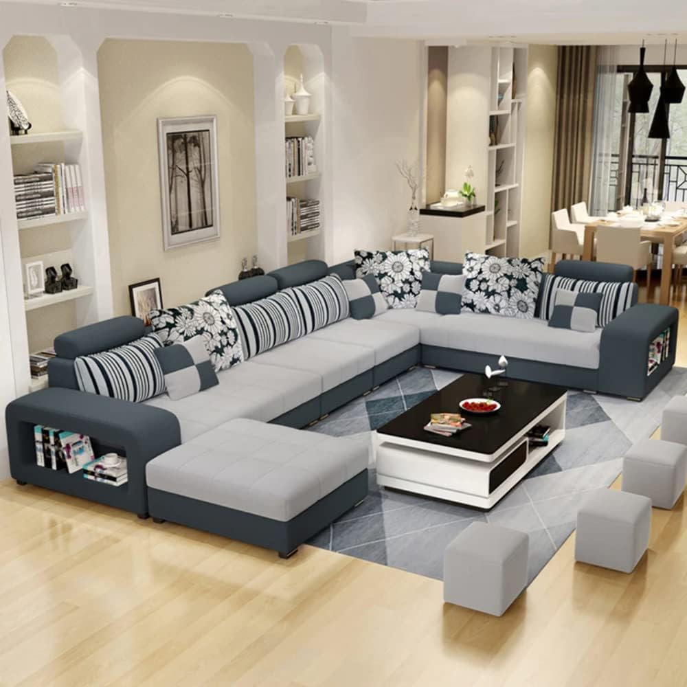 Luxury USB charging 7 Seater modern European fabric Dark grey 360 * 240 * 176 cm · v2