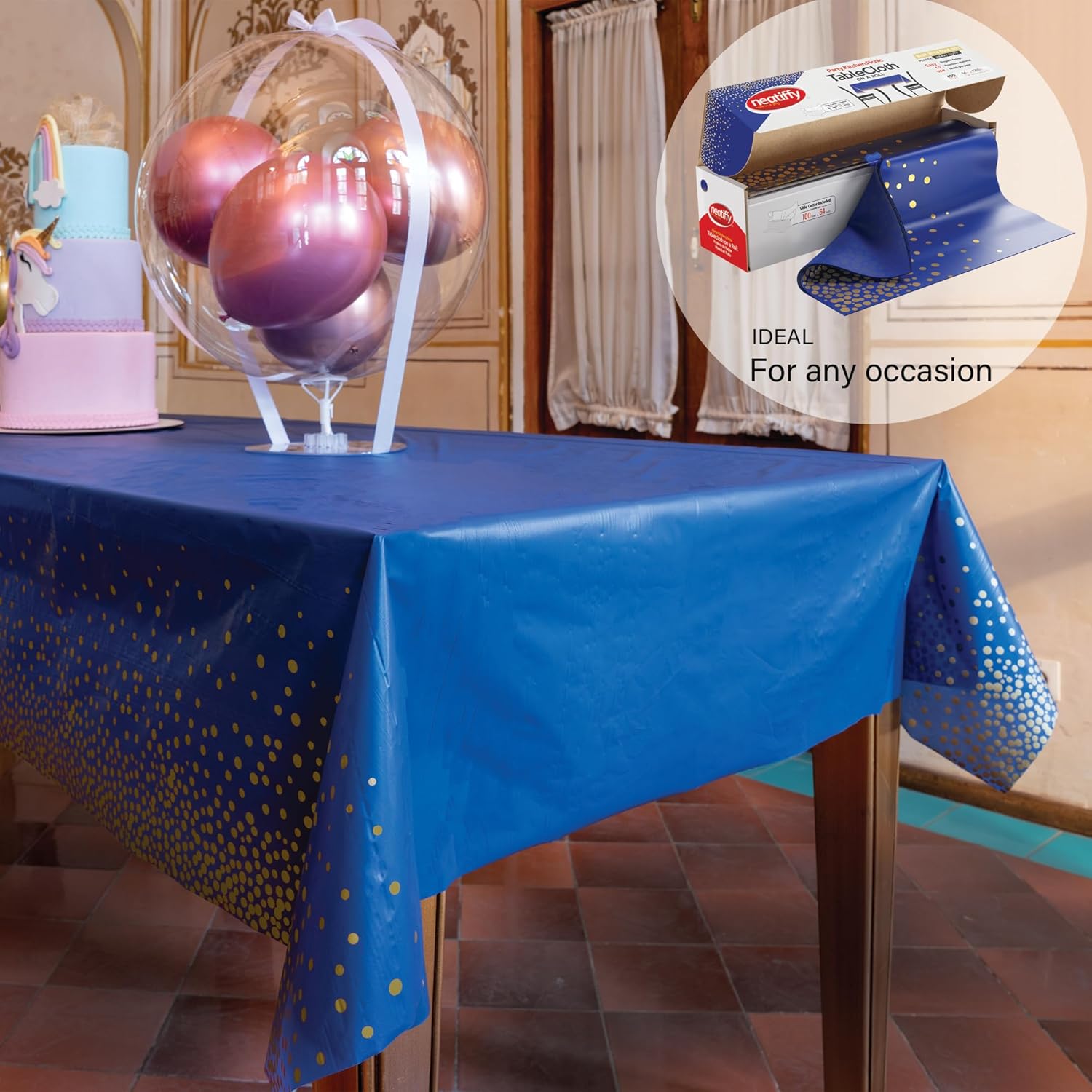 ผ้าปูโต๊ะพลาสติกแบบใช้แล้วทิ้ง Neatiffy พร้อมที่ตัดแบบสไลด์ | ผ้าคลุมกันน้ำสำหรับโต๊ะทุกประเภท/ทุกรูปทรง | ปิกนิก ปาร์ตี้ งานเลี้ยง งานวันเกิด งานแต่งงาน (จุดสีน้ำเงินและทอง)