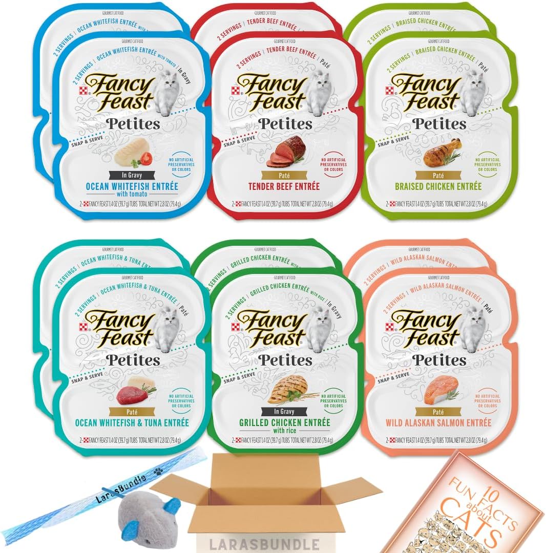 Fancy Feast Wet Cat Food Variety Pack | Fancy Feast Petites Pate and Cuts in Gravy Salmon, Chicken, Whitefish, Tuna, Salmon (24 Servings / 12 Packs) Bundled with Spring and Mice Toy
