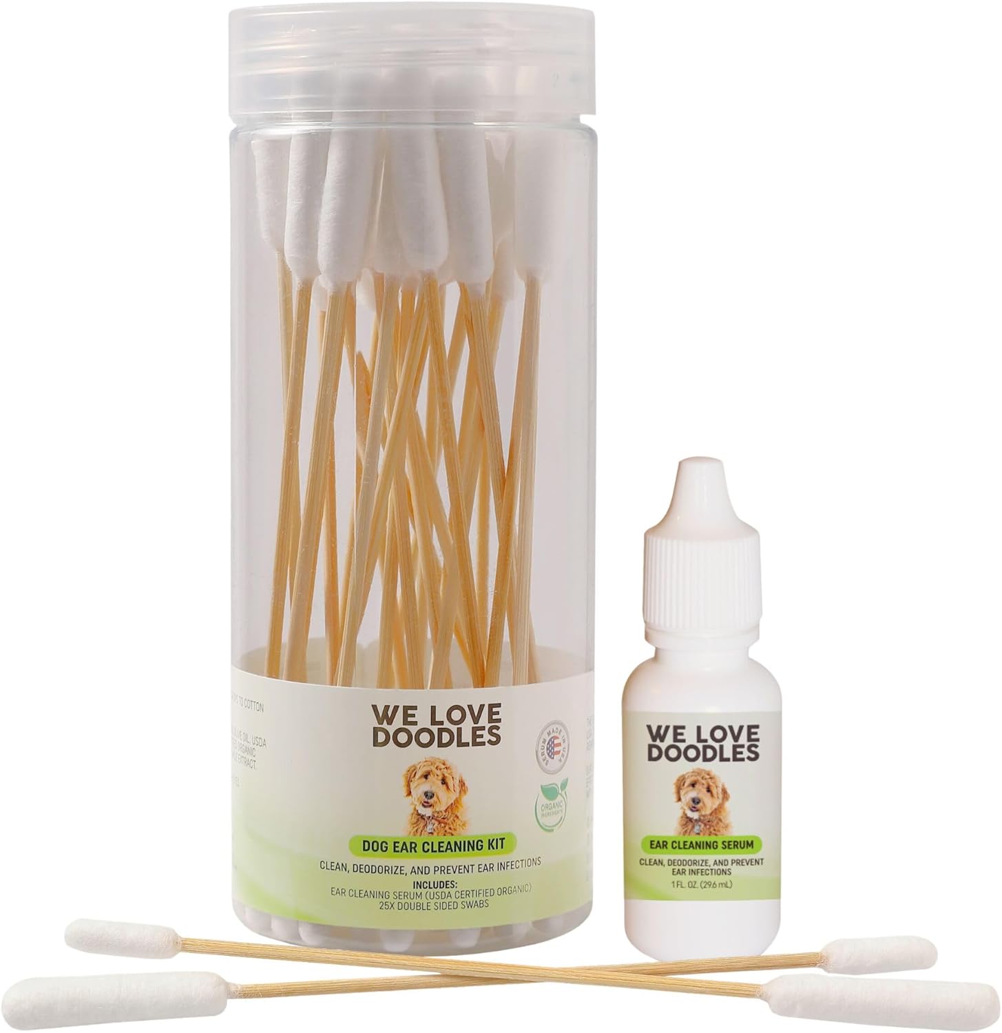 We Love Doodles Dog Ear Cleaning Solution Kit | Prevent Infections | Organic | Made in USA | Ear Drops for Dogs | Itching, Deordoring, Yeast  Mites Infection (Serum   25 Swabs)