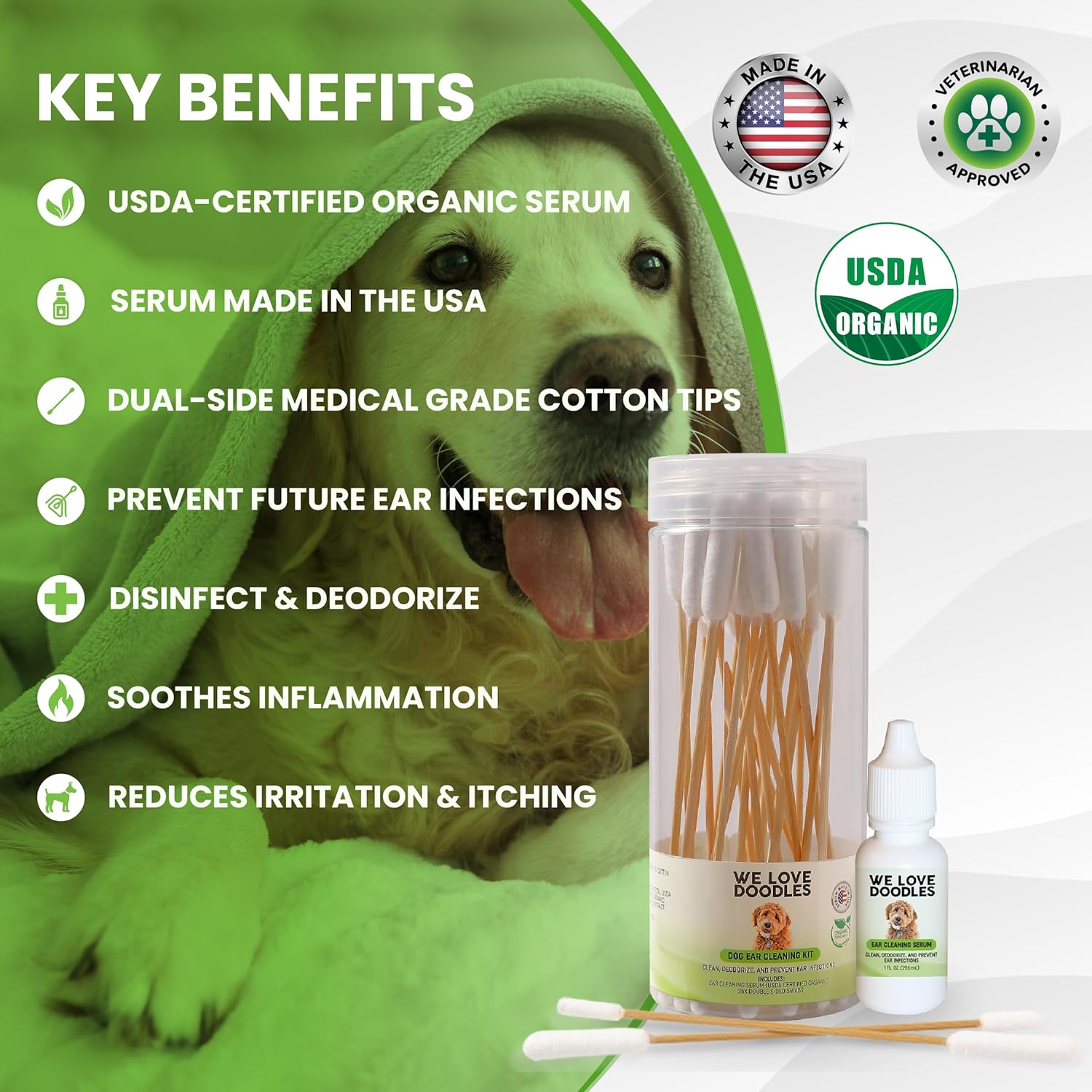 We Love Doodles Reinigungslösungsset für Hundeohren | Beugt Infektionen vor | Bio | Hergestellt in den USA | Ohrentropfen für Hunde | Juckreiz, Hautentzündung, Hefemilbeninfektion (Serum, 25 Tupfer)