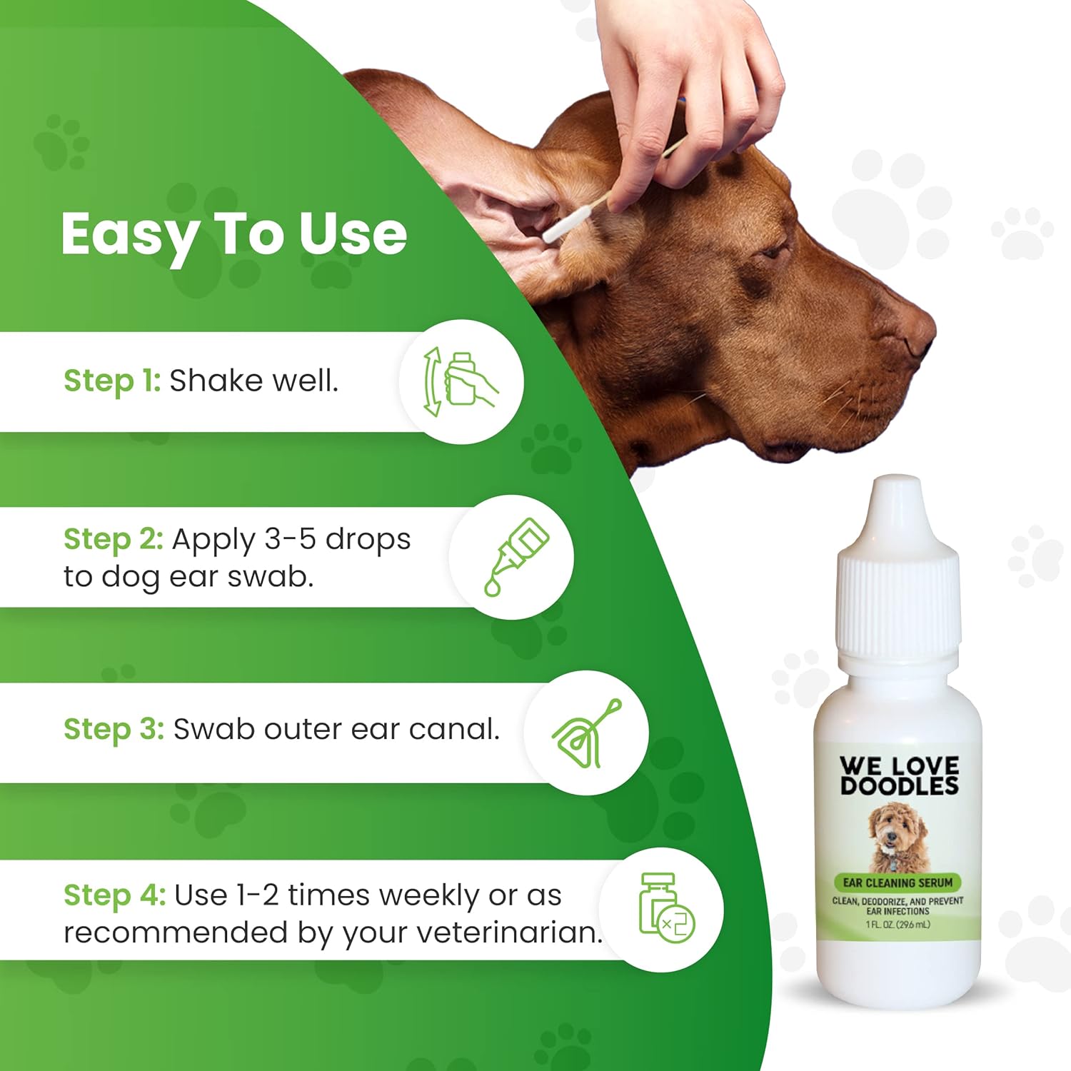 We Love Doodles Reinigungslösungsset für Hundeohren | Beugt Infektionen vor | Bio | Hergestellt in den USA | Ohrentropfen für Hunde | Juckreiz, Hautentzündung, Hefemilbeninfektion (Serum, 25 Tupfer)