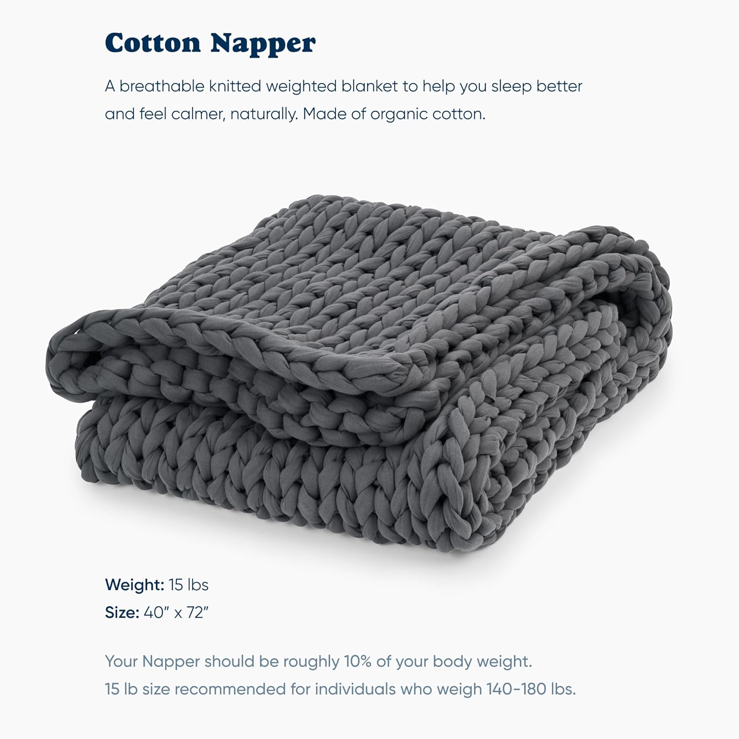 Bearaby Cotton Hand-Knit Weighted Blankets for Adults - Chunky Knit Blanket - Sustainable, Breathable, Organic, Cooling Weighted Blanket - Machine Washable (Asteroid Grey, 15 lbs, 40x72") · v2