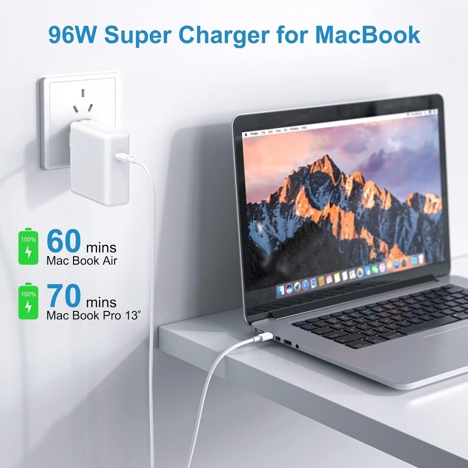 Mac Book Charger Mac Book Air Charger [Apple MFI Certified] 61W/87W/96W/118W Chromebook Charger USB C Power Adapter 7.2Ft Cord for Mac Book Air 16 15 14 13 inch, iPad Pro and All USB C Device · v3