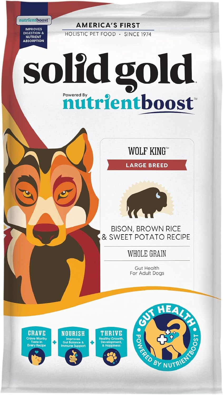 Alimento para perros de raza grande Solid Gold Nutrientboost Wolf King, pienso seco integral para perros hecho con bisonte real, arroz integral, batata, omega 3, superalimento, probióticos digestivos, bolsa de 22 libras