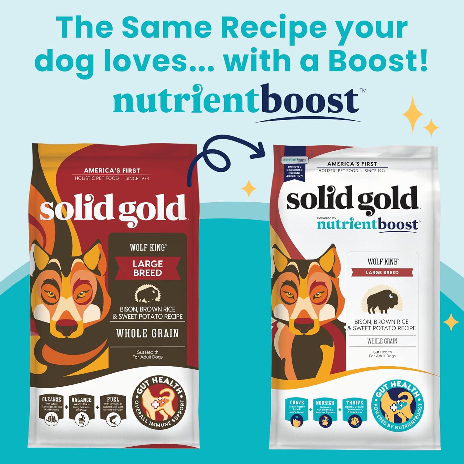 Thức ăn cho chó giống lớn Solid Gold Nutrientboost Wolf King - Thức ăn khô nguyên hạt cho chó dạng viên làm từ thịt bò rừng thật, gạo lứt, khoai lang - Omega 3, Superfood