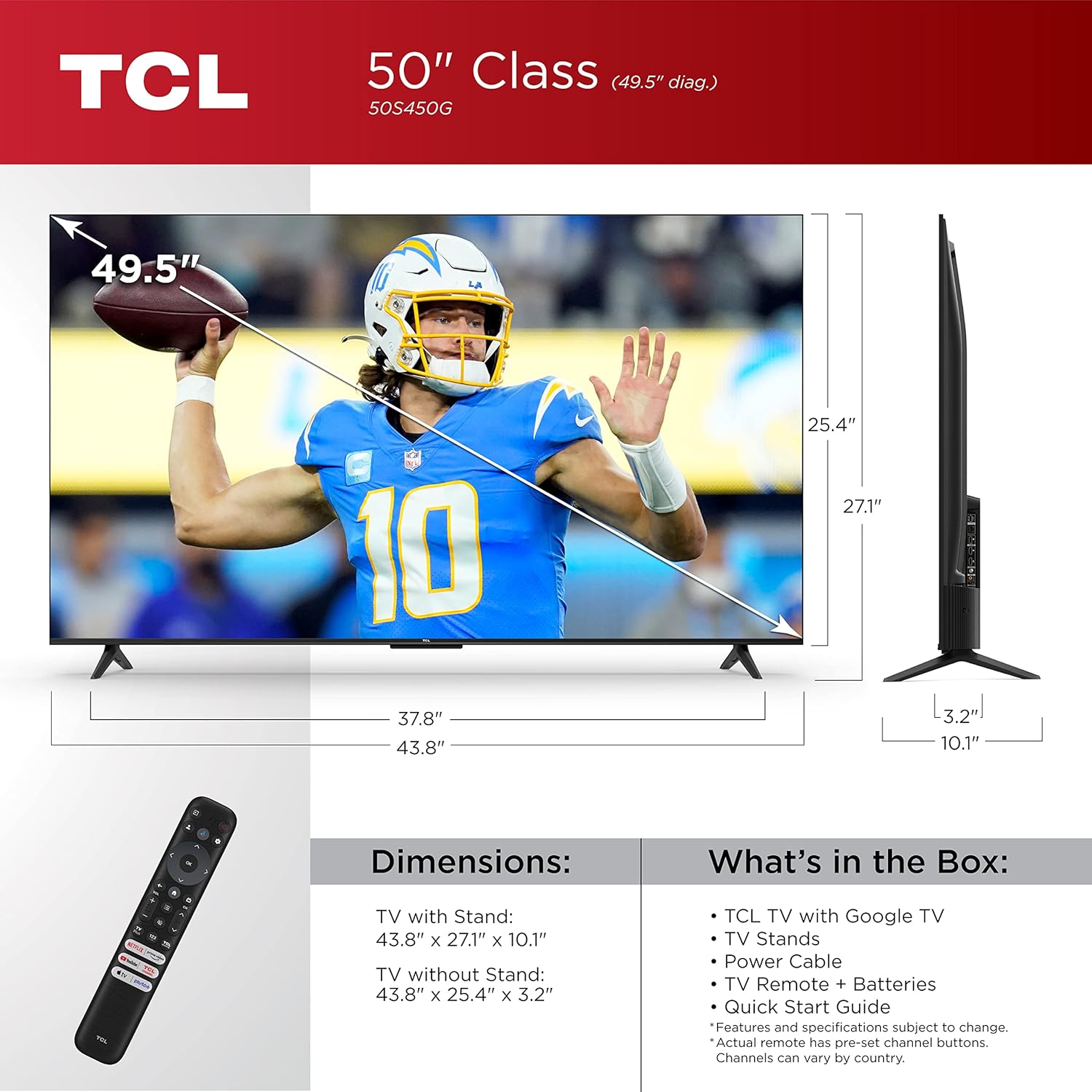 TCL 50-Inch Class S4 4K LED Smart TV with Google (50S450G, 2023 Model), Dolby Vision, HDR Pro, Atmos, Assistant Built-in Voice Remote, Works Alexa, Streaming UHD Television · v2