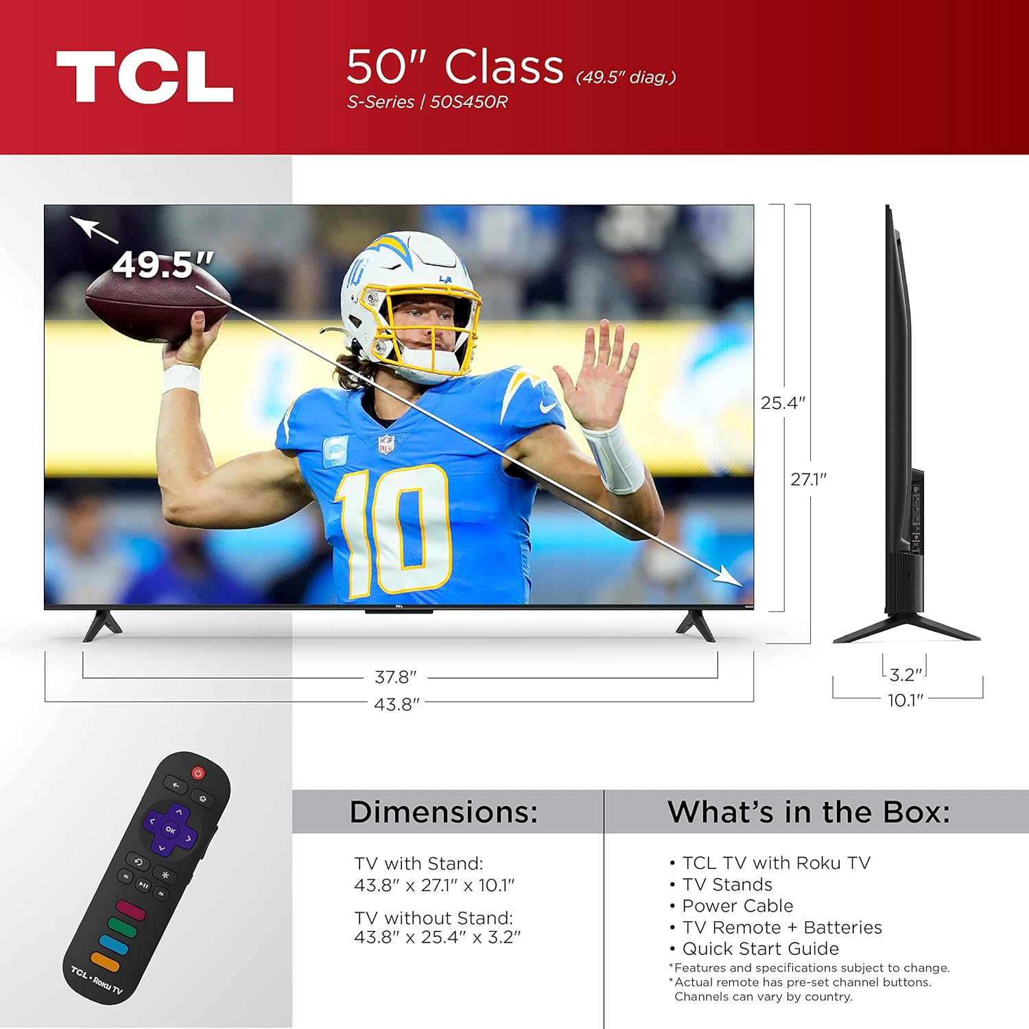 TCL สมาร์ททีวี LED 4K Class S4 ขนาด 50 นิ้ว พร้อม Roku TV (รุ่น 50S450R ปี 2023) Dolby Vision, HDR, Dolby Atmos ทำงานร่วมกับ Alexa, Google Assistant และ Apple HomeKit รองรับการสตรีมโทรทัศน์ UHD