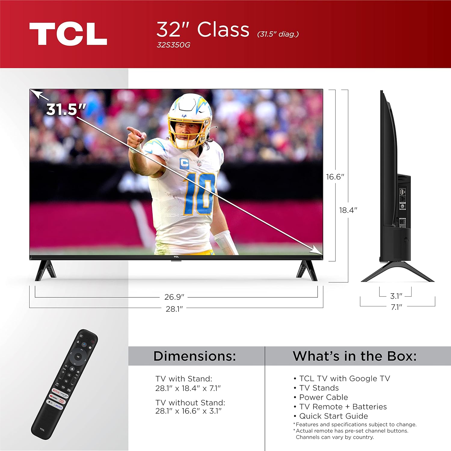 TCL 32-Inch Class S3 1080p LED Smart TV with Google TV (32S350G, 2023 Model), Google Assistant Built-in with Voice Remote, Compatible with Alexa, Streaming FHD Television,Black · v6