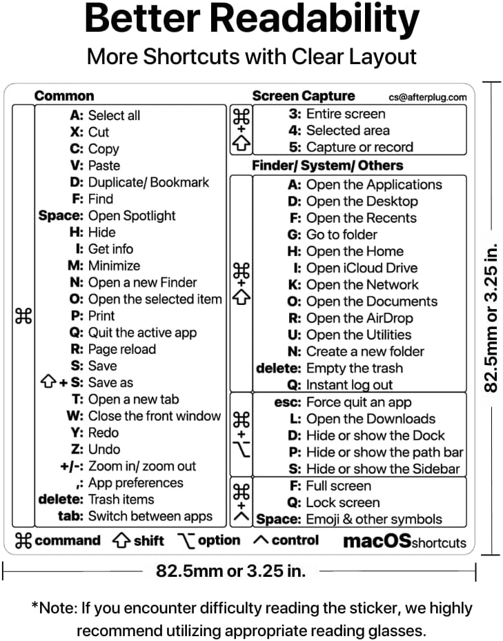 Mac OS Shortcuts Sticker 2024, Afterplug Mac Keyboard Shortcuts Sticker, for Space Gray, Silver  Starlight MacBook Pro Air 13-16, No Residue (Clear with Black Letters, 1-Pack) · v2