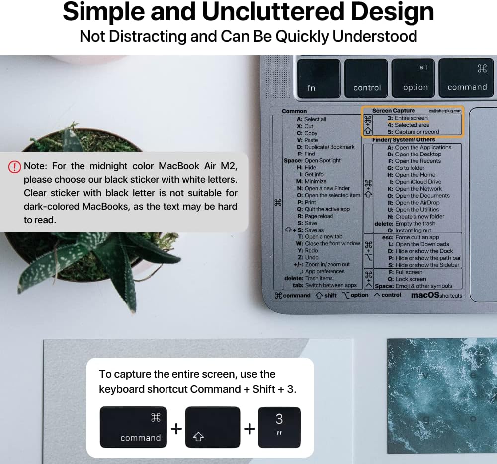 Mac OS Shortcuts Sticker 2024, Afterplug Mac Keyboard Shortcuts Sticker, for Space Gray, Silver  Starlight MacBook Pro Air 13-16, No Residue (Clear with Black Letters, 1-Pack) · v2